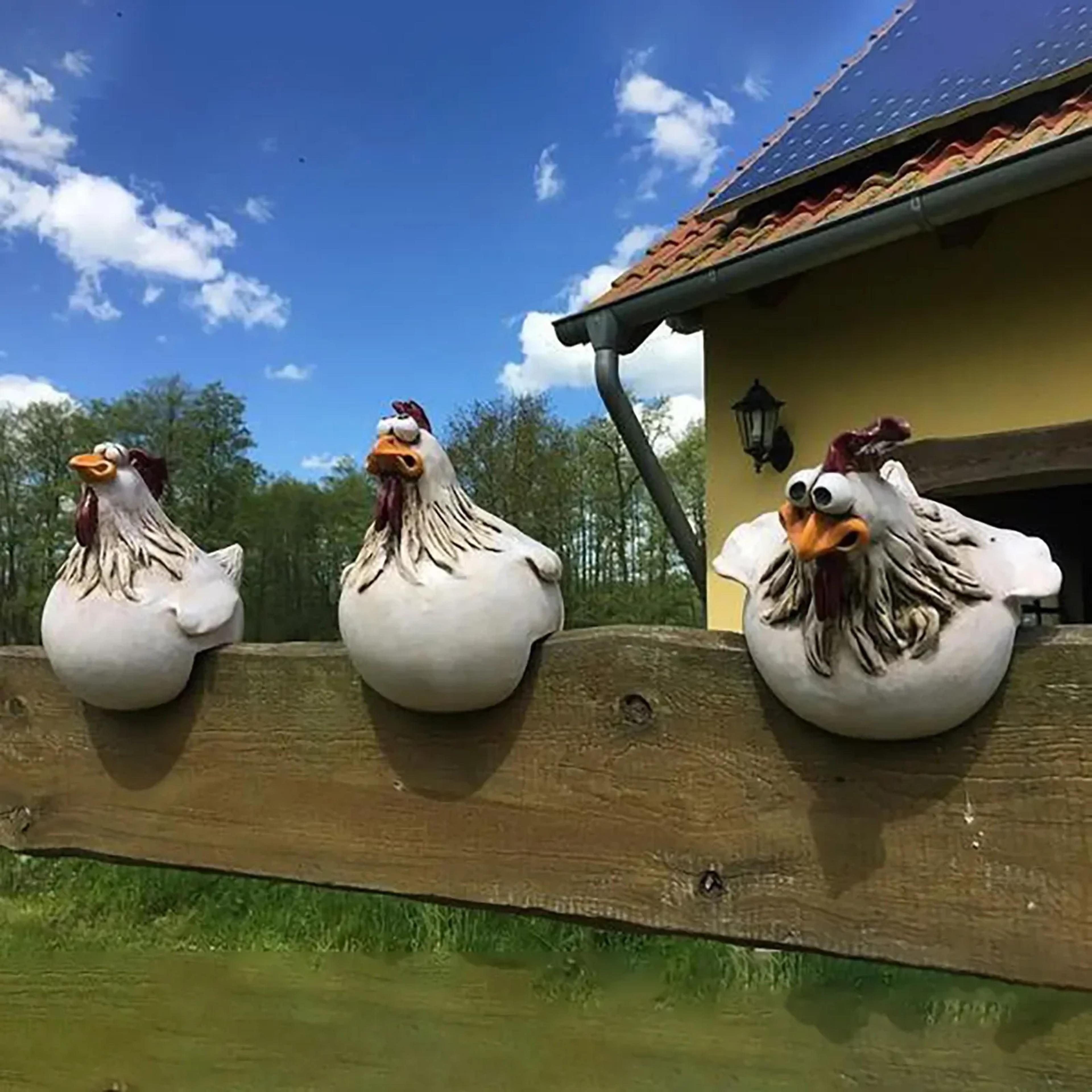 funny chicken fence decor statues, resin garden farm yard chicken hen sculpture art for courtyard & home decoration