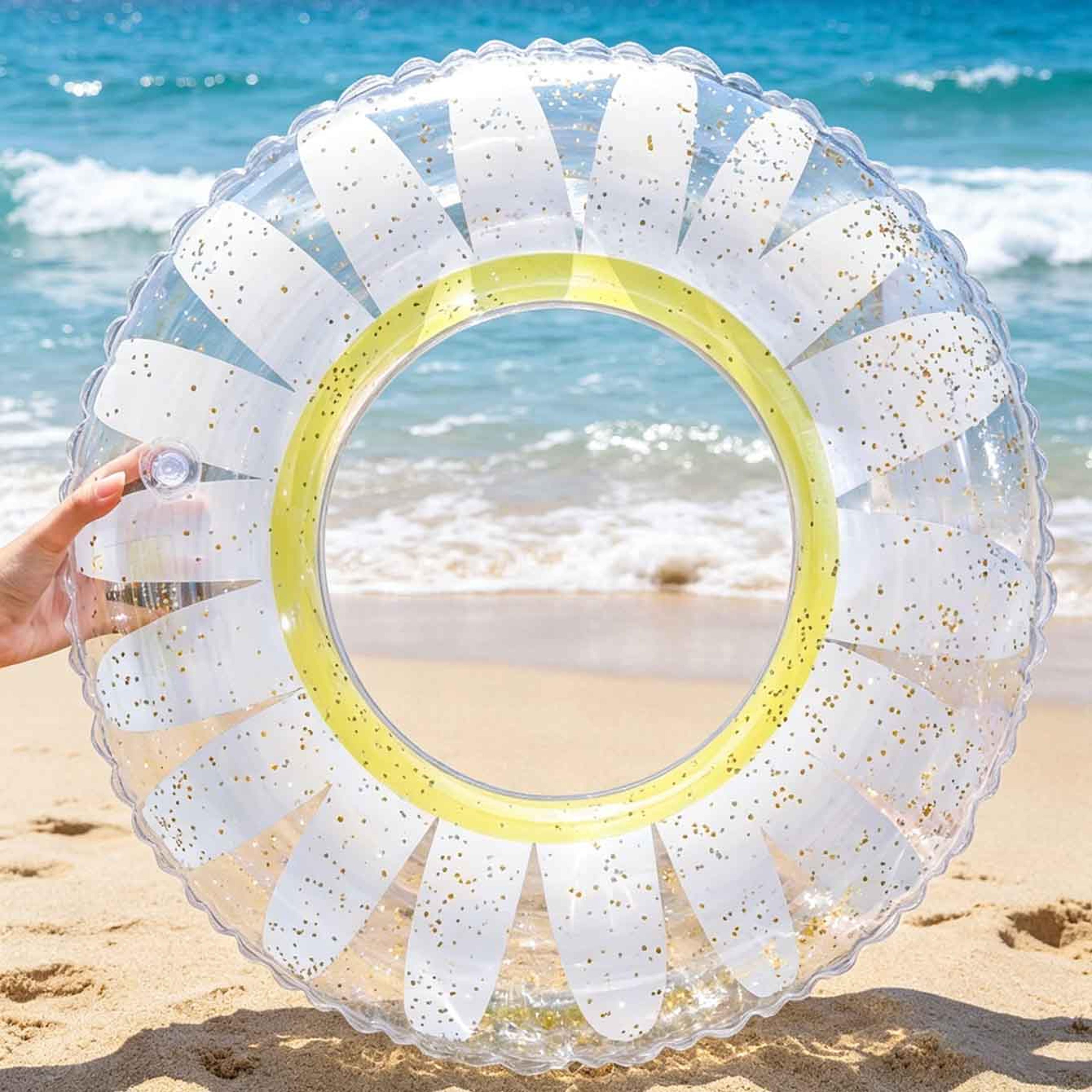 Clear Daisy Glitter Inflatable Swim Ring Premium Floral Pool Float For Summer Beach  Pool Fun 4