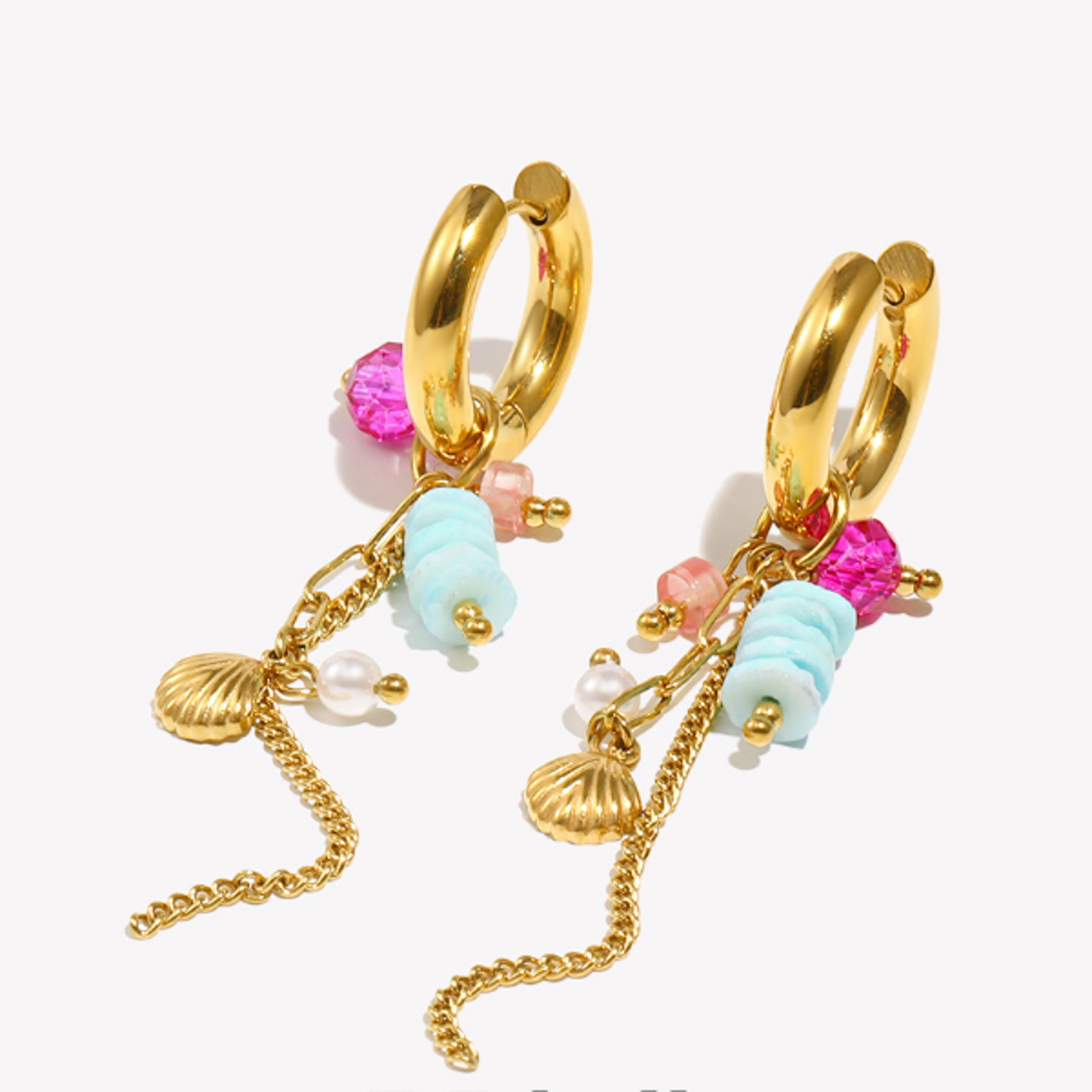shell hoop earrings with pearl & natural stone gold plated beach jewelry