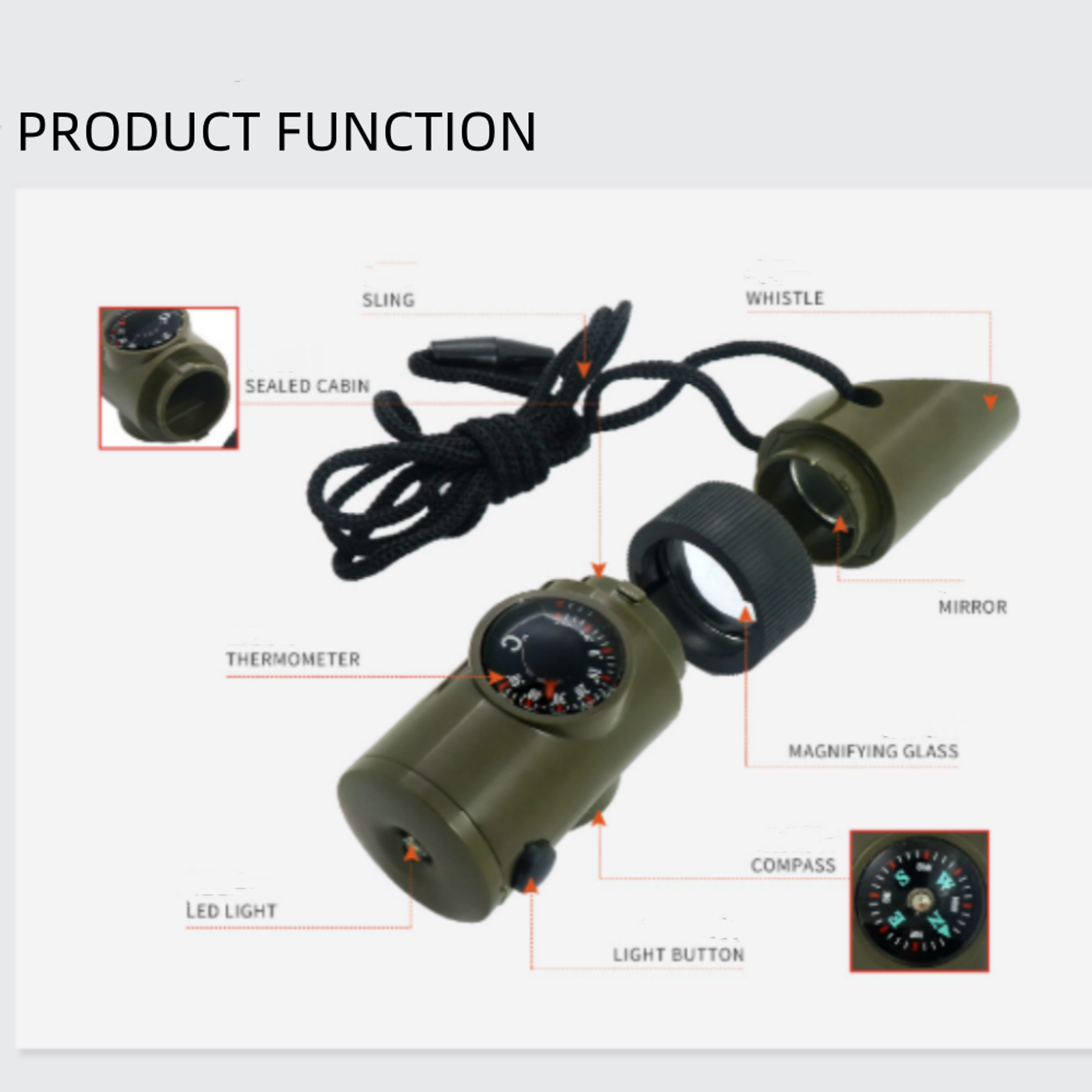 Survival Whistle With Compass Thermometer  LED Emergency Camping Safety Tool 1