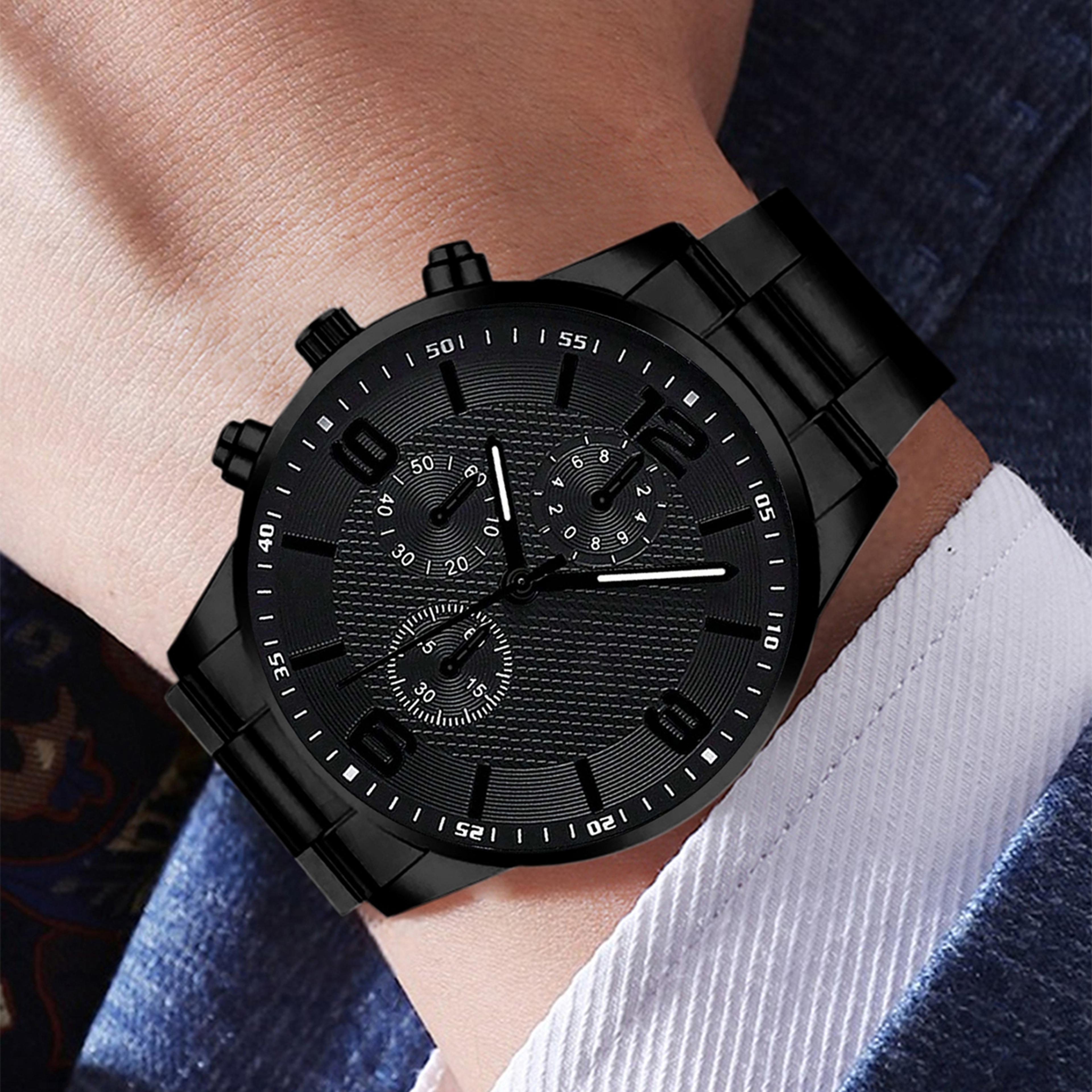 Black Mens Quartz Watch Set With Bracelet Necklace Ring Business Fashion Gift Set 2