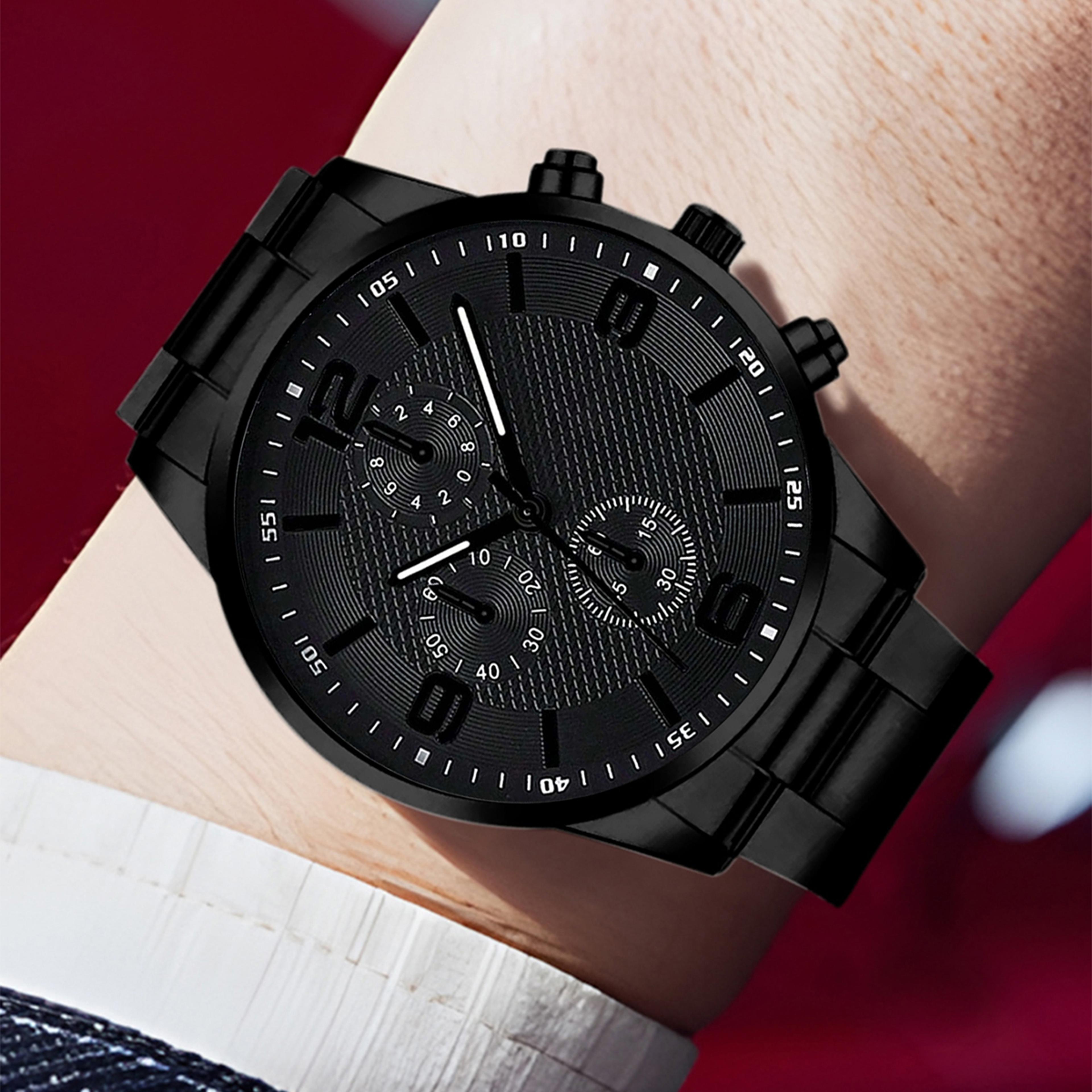 Black Mens Quartz Watch Set With Bracelet Necklace Ring Business Fashion Gift Set 3