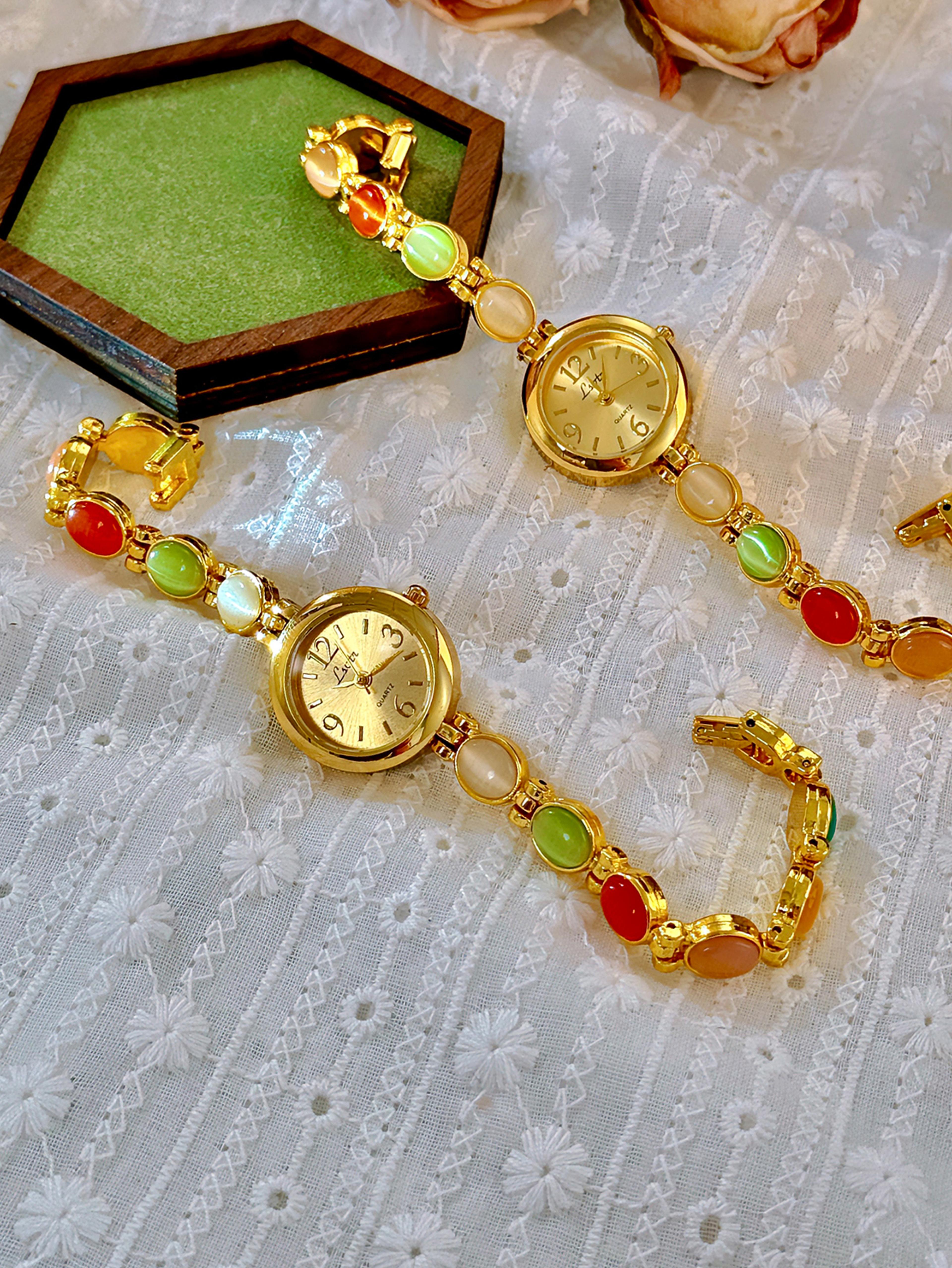 vintage women's gemstone watch with cat eye stone waterproof quartz bracelet