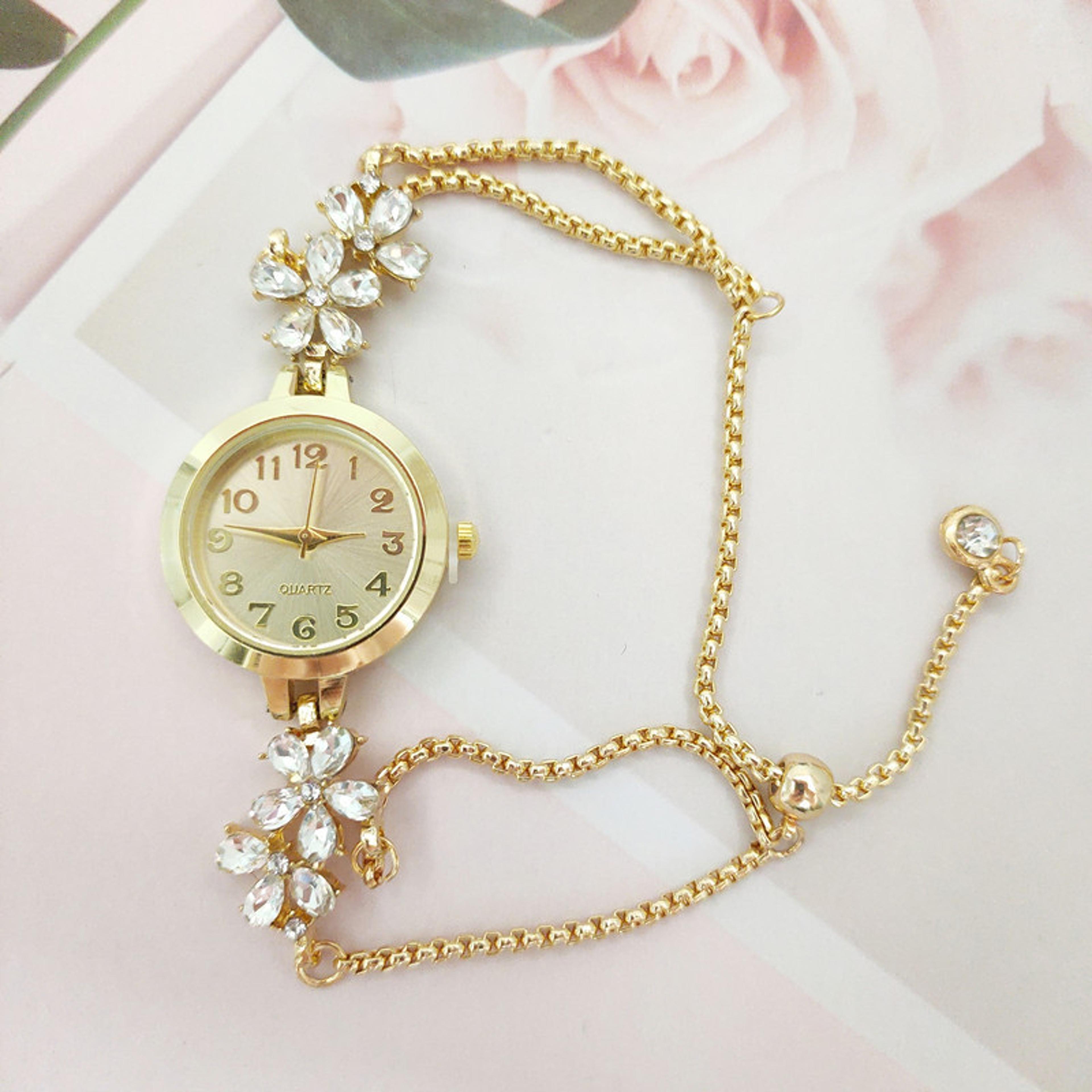 Elegant Womens Quartz Watch With Floral Diamond Accent  Adjustable Drawstring Bracelet 1