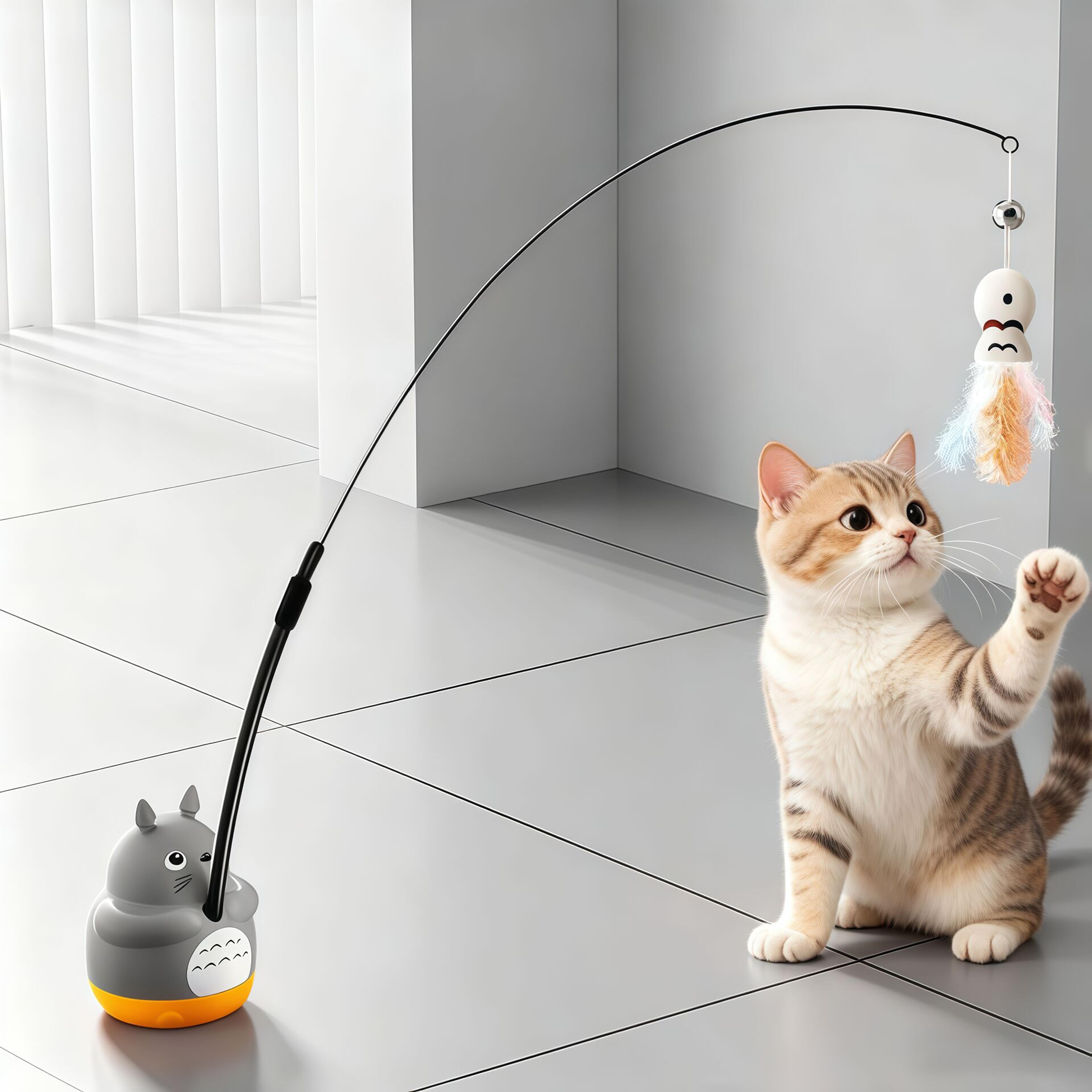 whirl play interactive cat teaser wand with rotating steel wire, bell fish & adhesive base for indoor cats