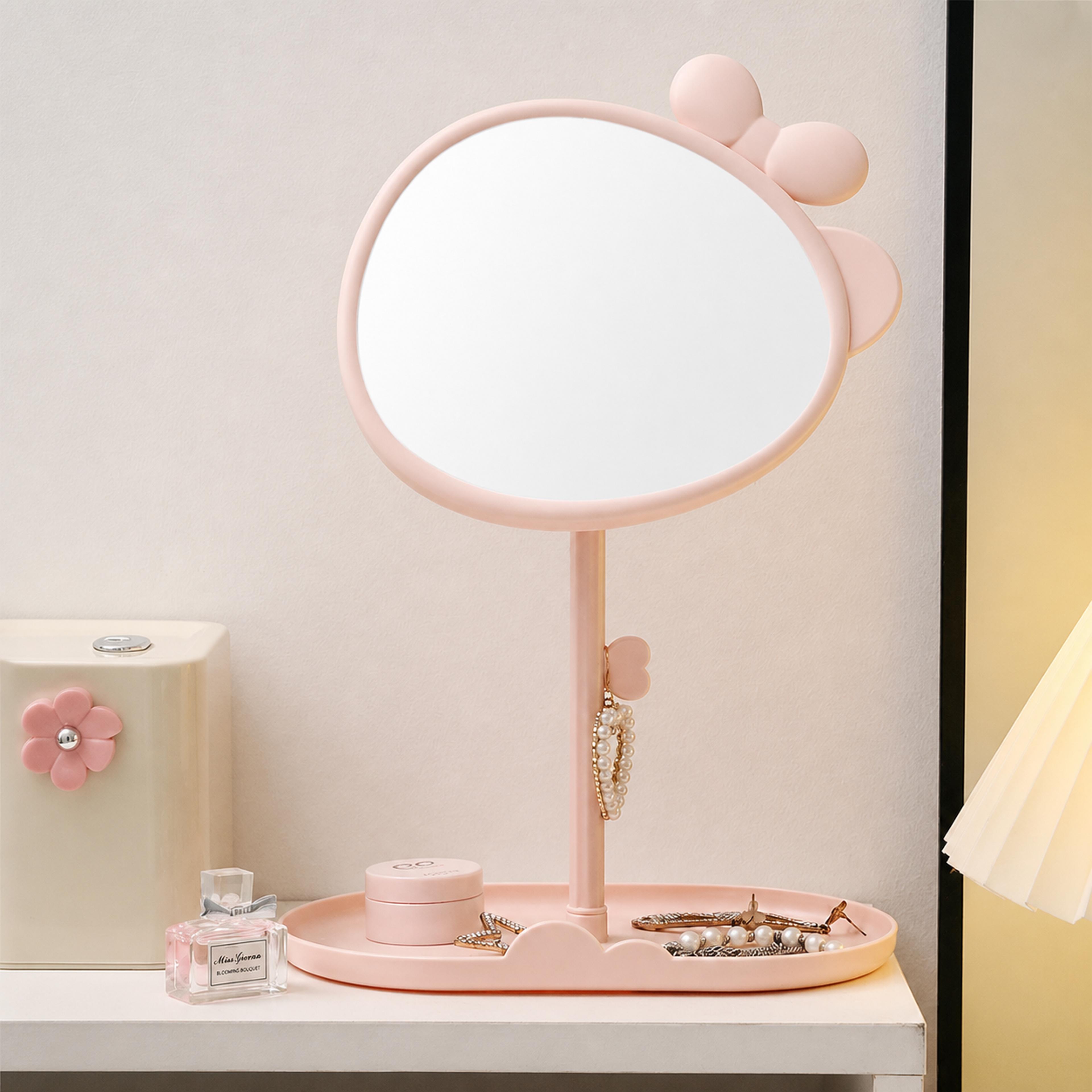 cute desktop vanity mirror with 360 rotating makeup mirror & storage tray