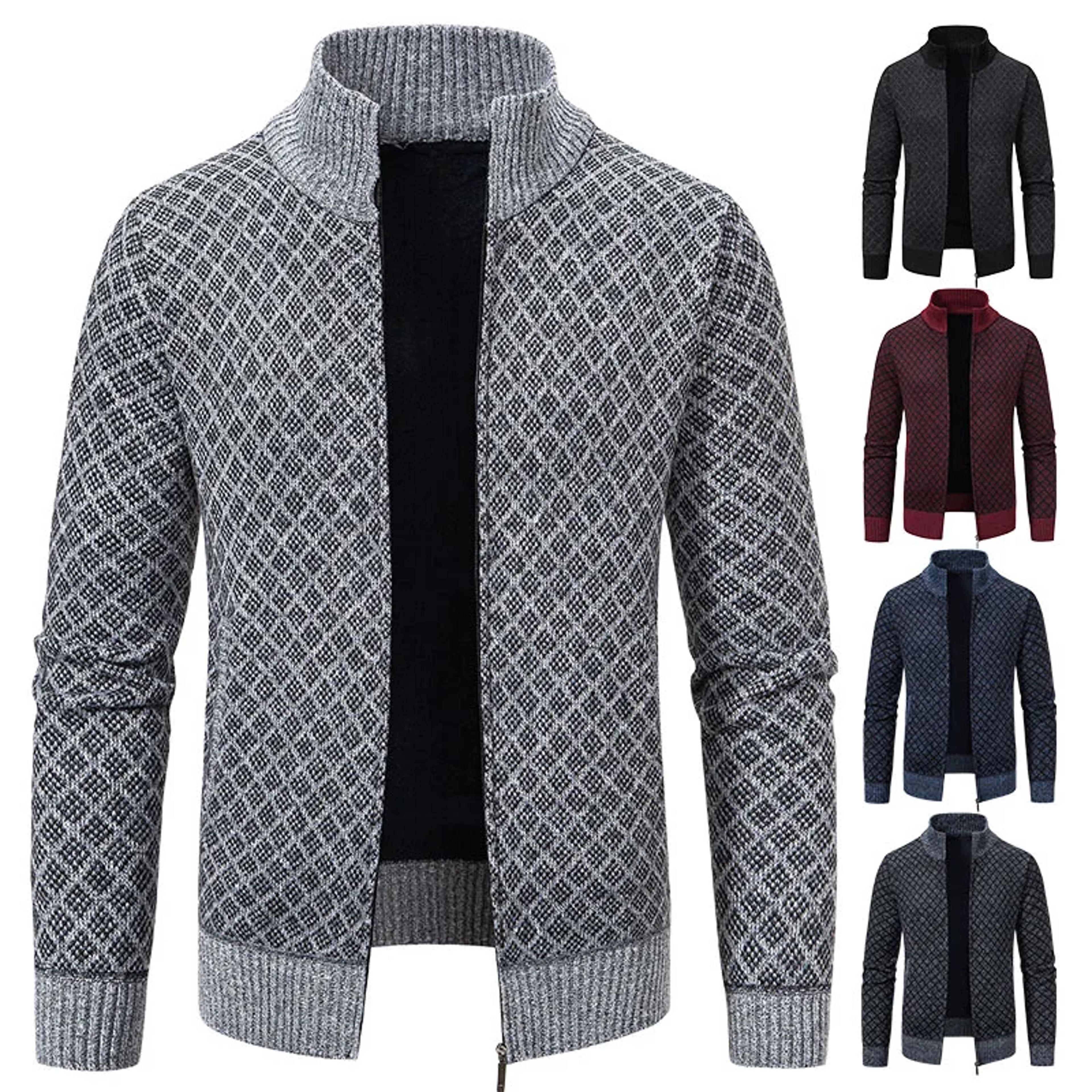 men's high collar fleece lined knitted jacket warm winter sweater