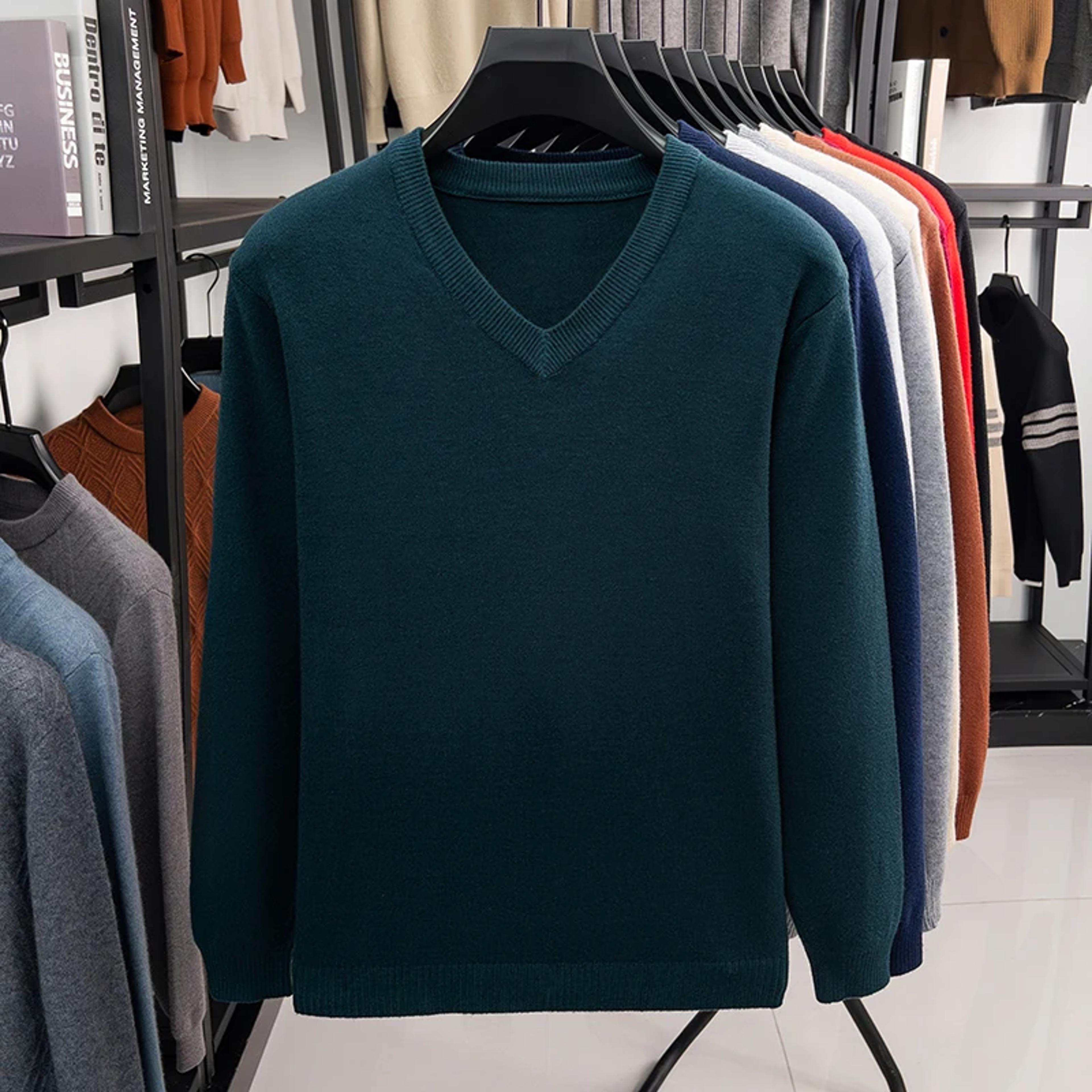 Mens V Neck Knit Sweater Relaxed Fit Solid Color Casual Pullover 1