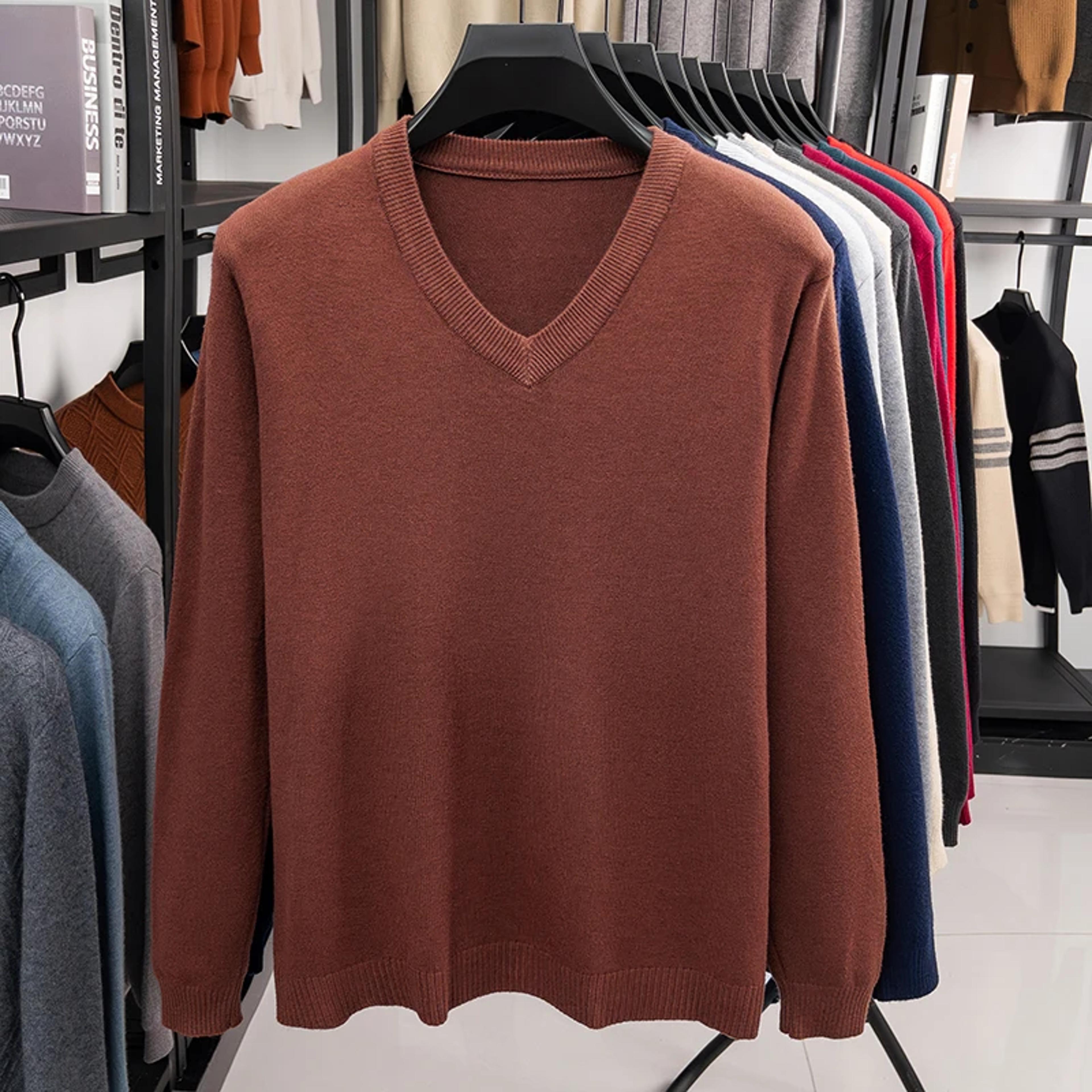 Mens V Neck Knit Sweater Relaxed Fit Solid Color Casual Pullover 2