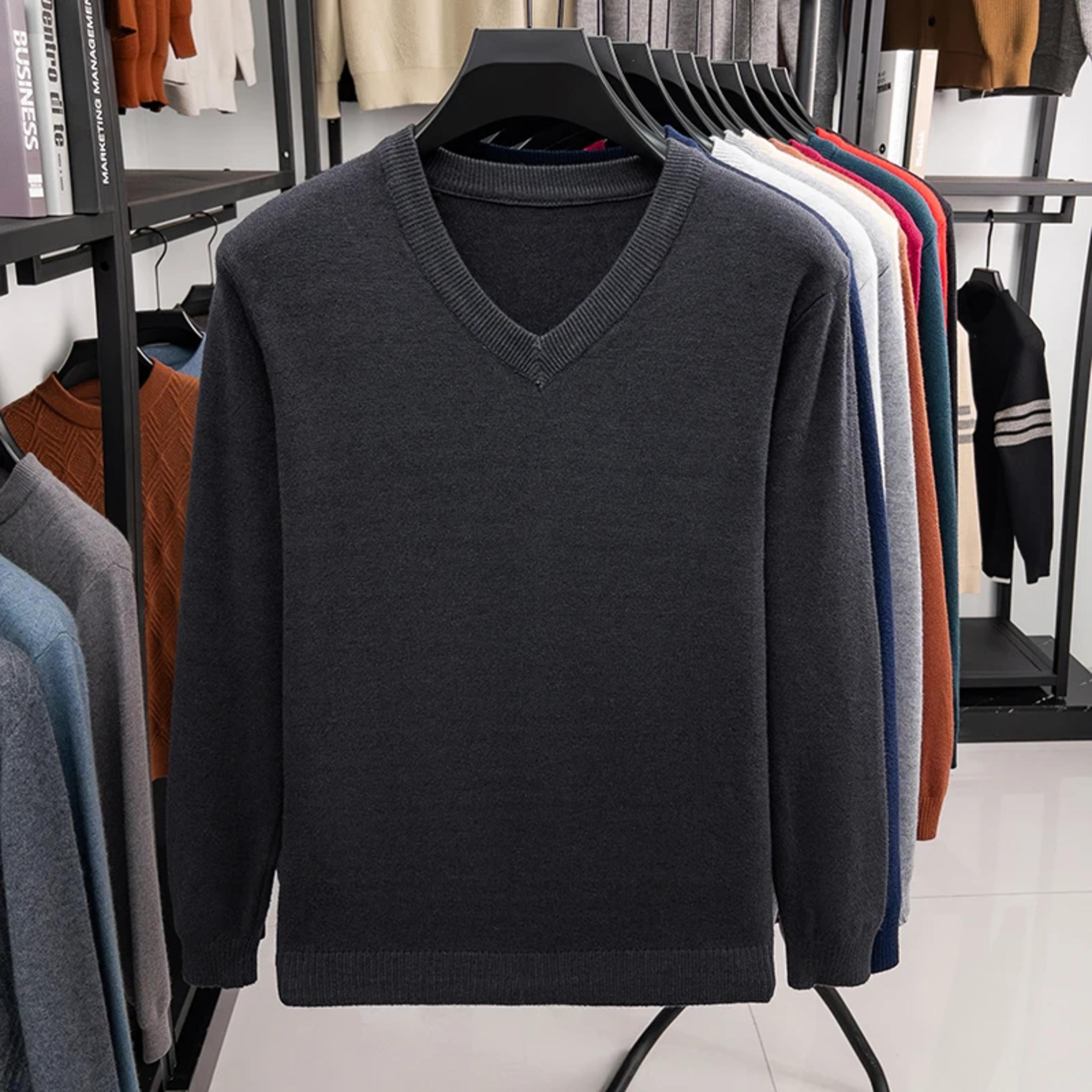 Mens V Neck Knit Sweater Relaxed Fit Solid Color Casual Pullover 3
