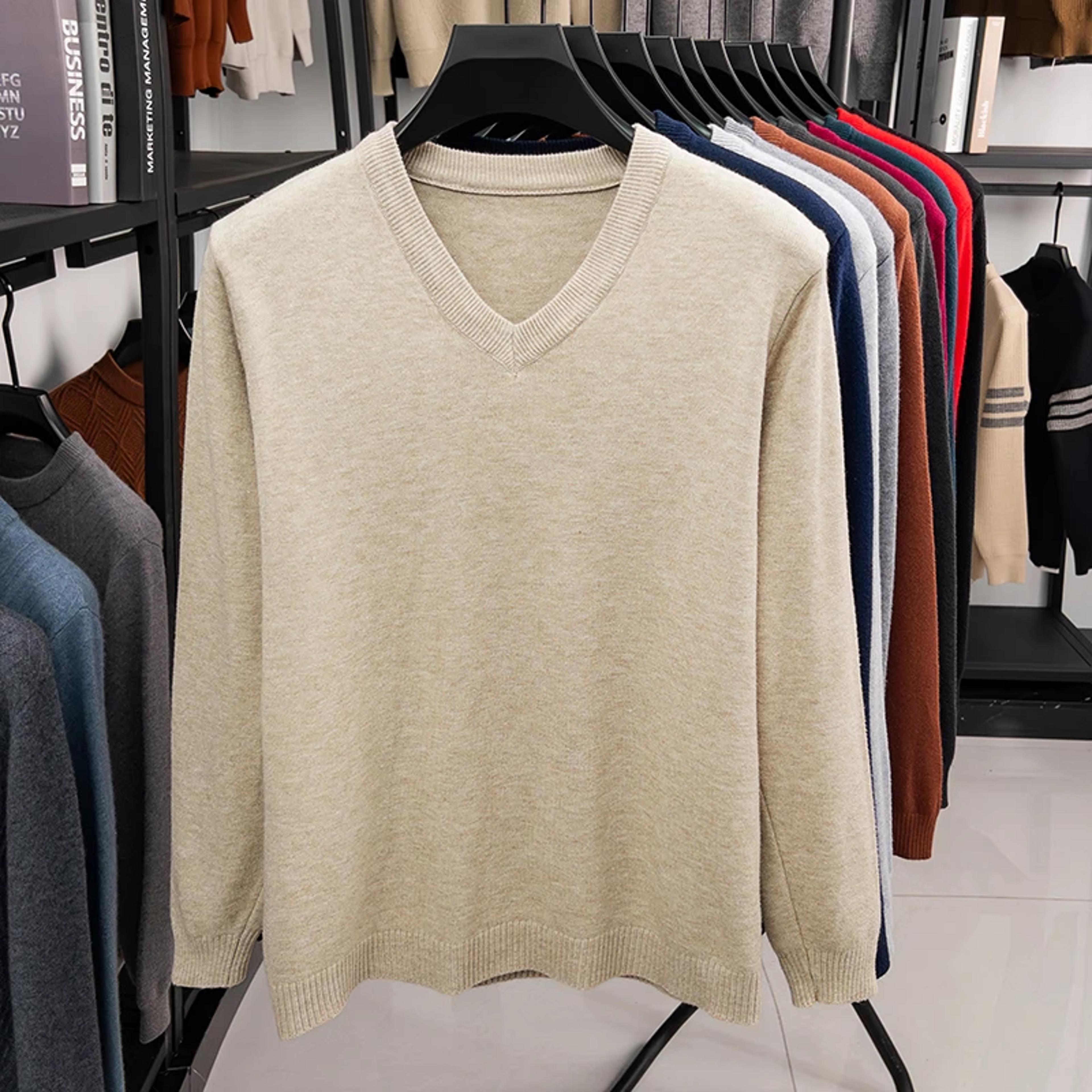 Mens V Neck Knit Sweater Relaxed Fit Solid Color Casual Pullover 6