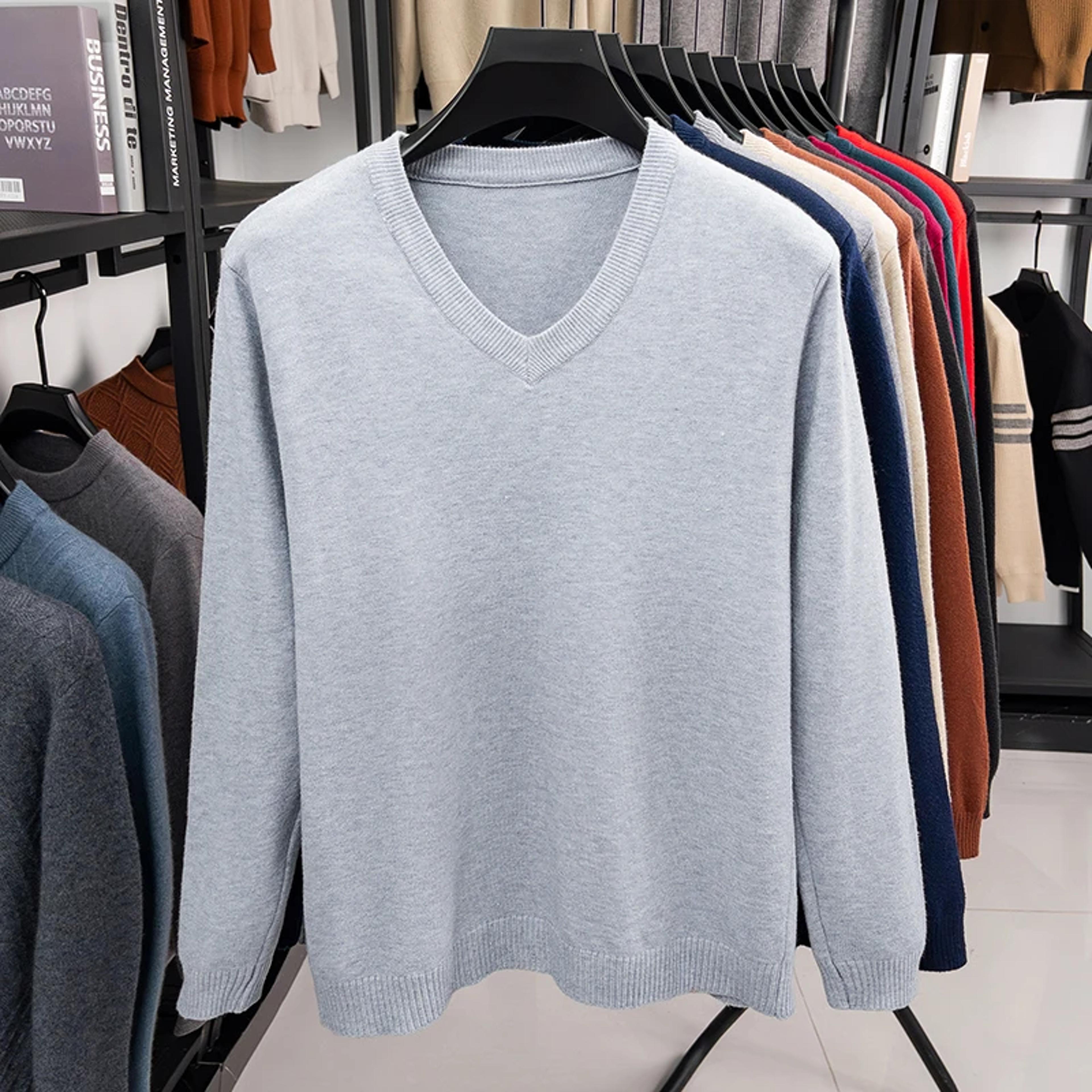 Mens V Neck Knit Sweater Relaxed Fit Solid Color Casual Pullover 5
