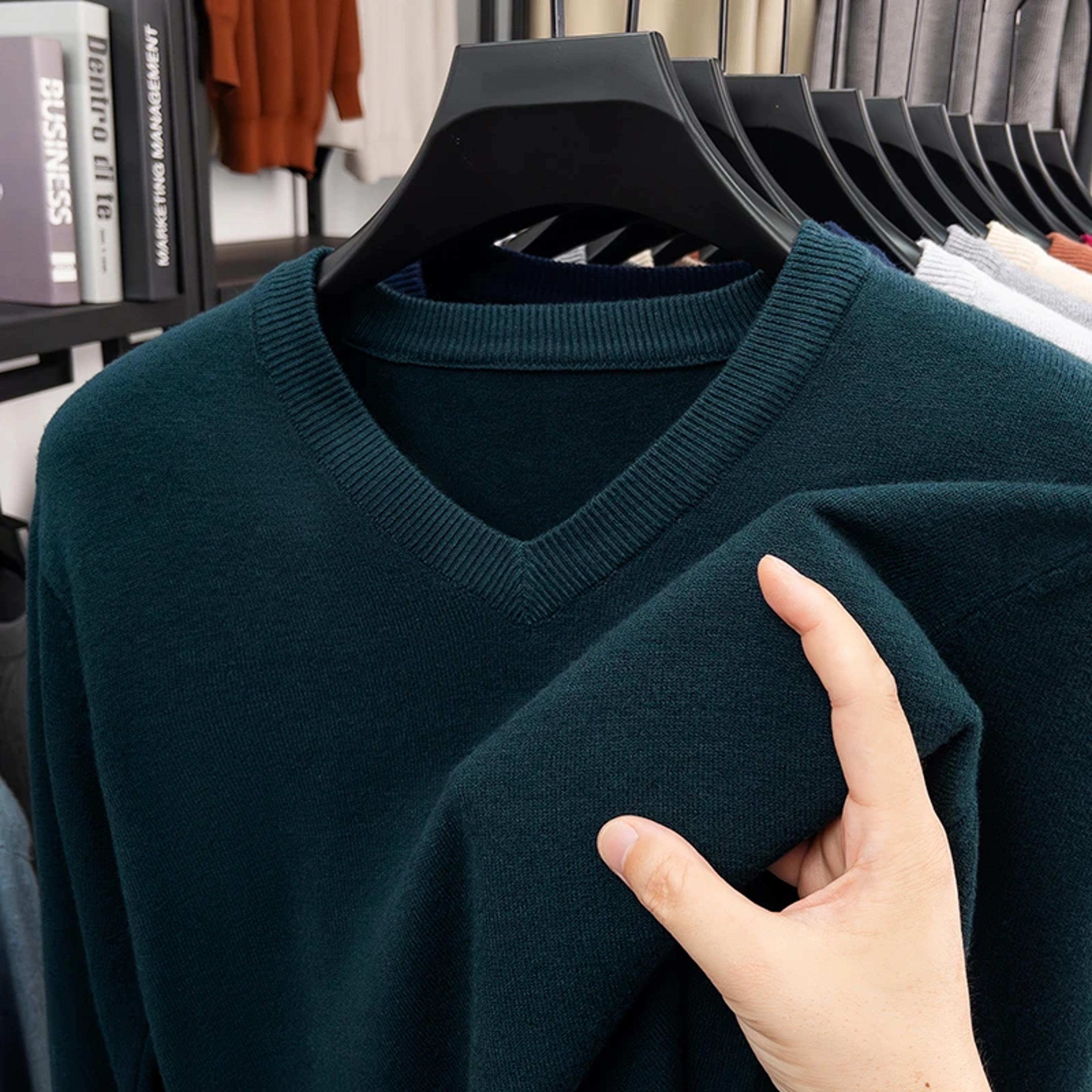 Mens V Neck Knit Sweater Relaxed Fit Solid Color Casual Pullover 8