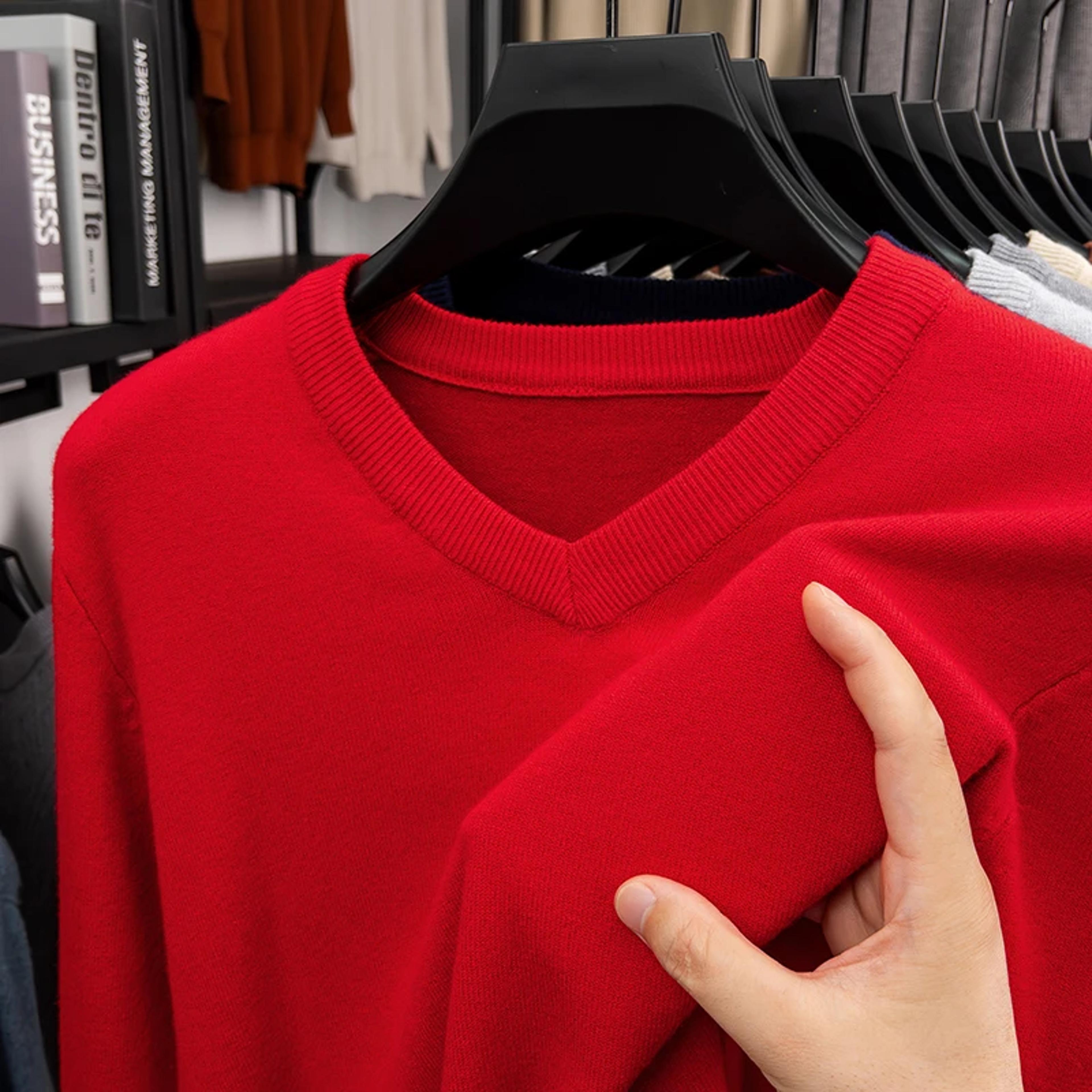 Mens V Neck Knit Sweater Relaxed Fit Solid Color Casual Pullover 9
