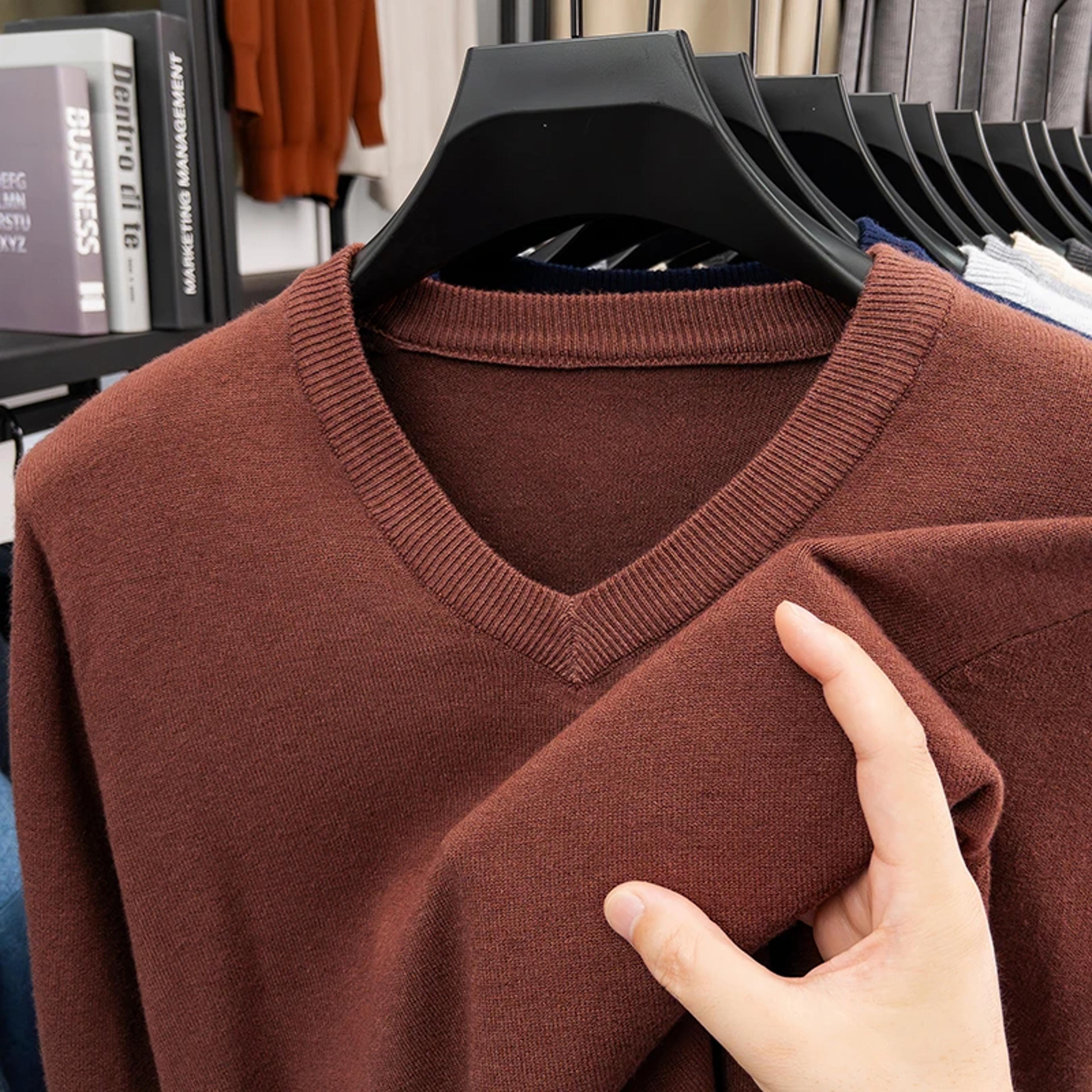 Mens V Neck Knit Sweater Relaxed Fit Solid Color Casual Pullover 13