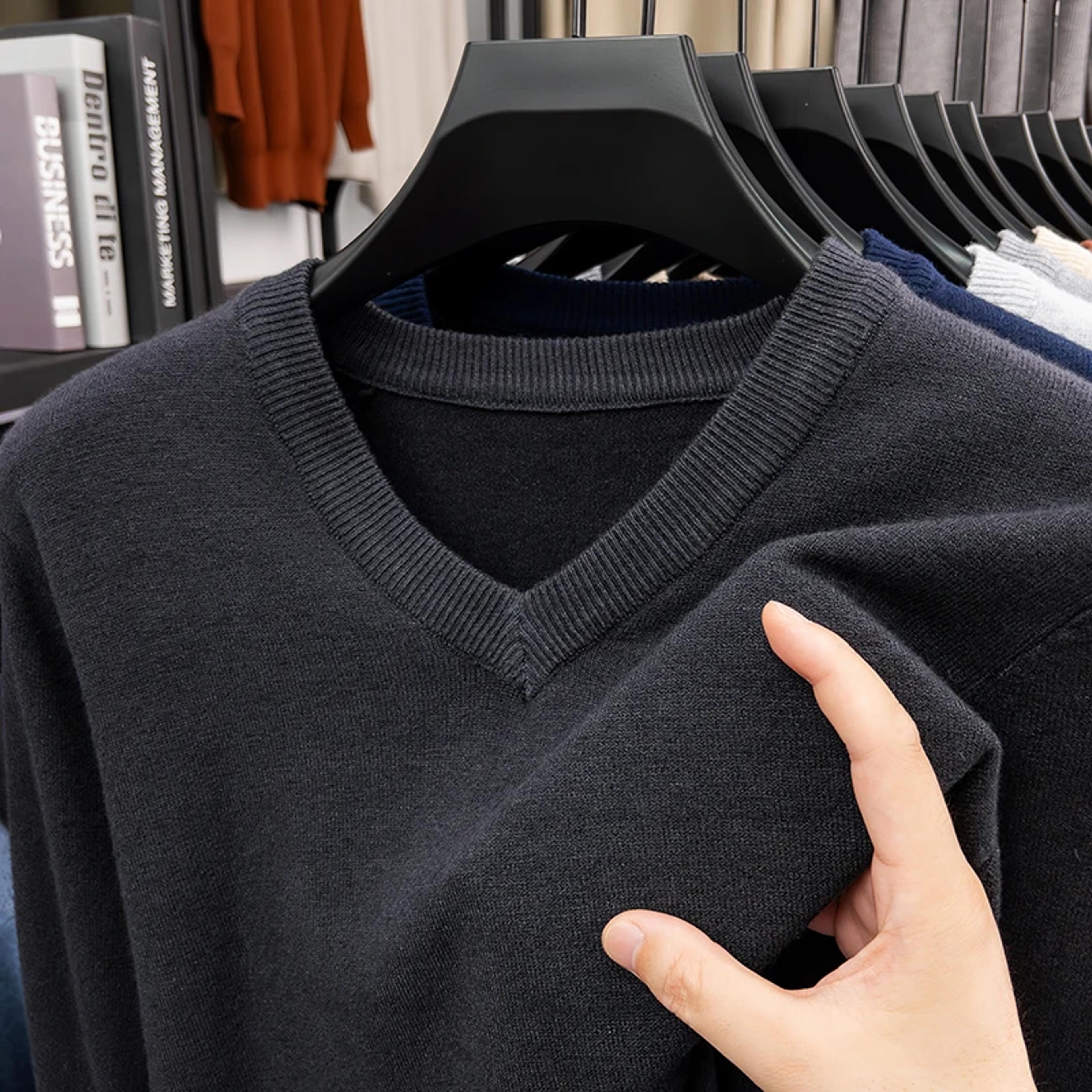 Mens V Neck Knit Sweater Relaxed Fit Solid Color Casual Pullover 15