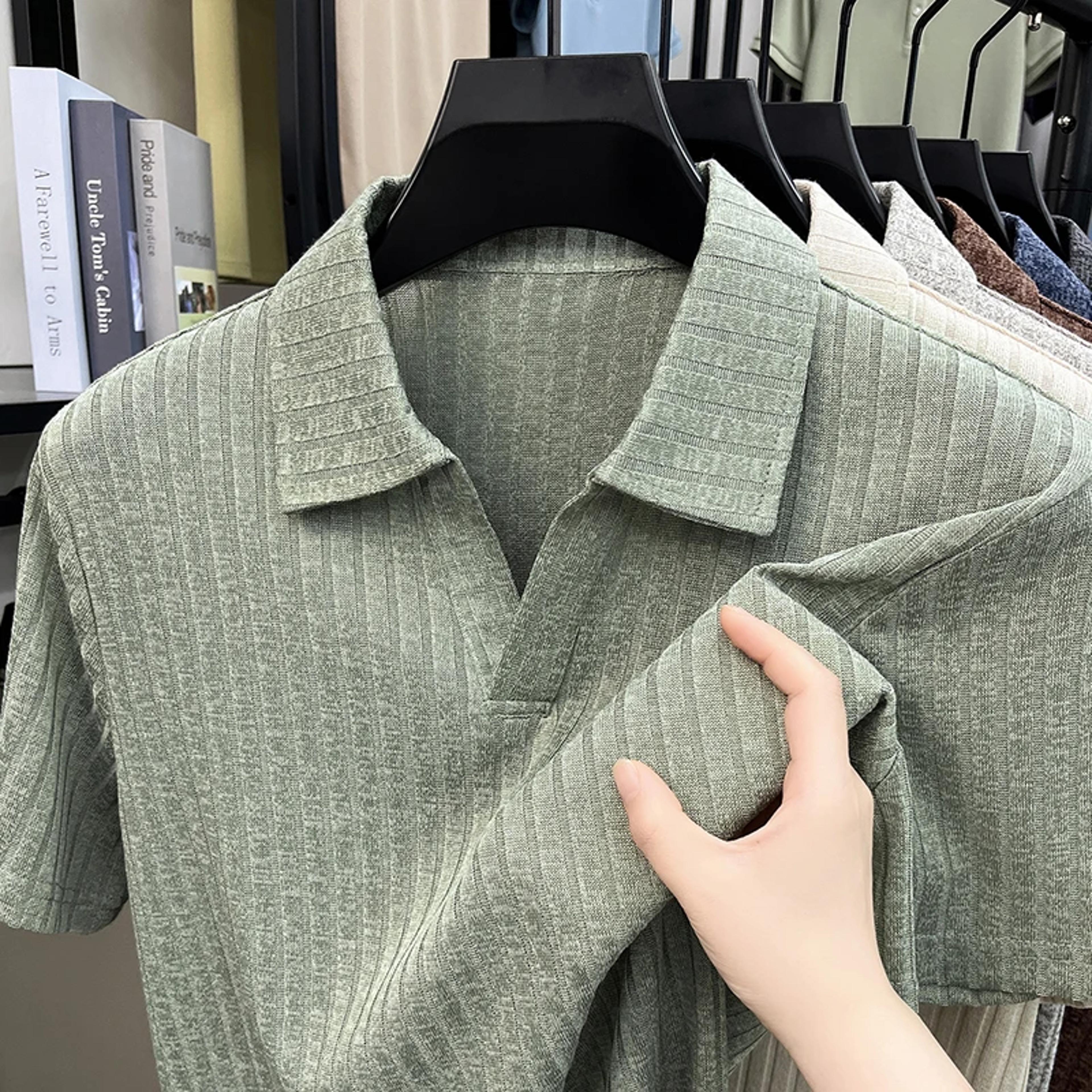 men's ribbed striped knit polo shirt soft short sleeve business casual top