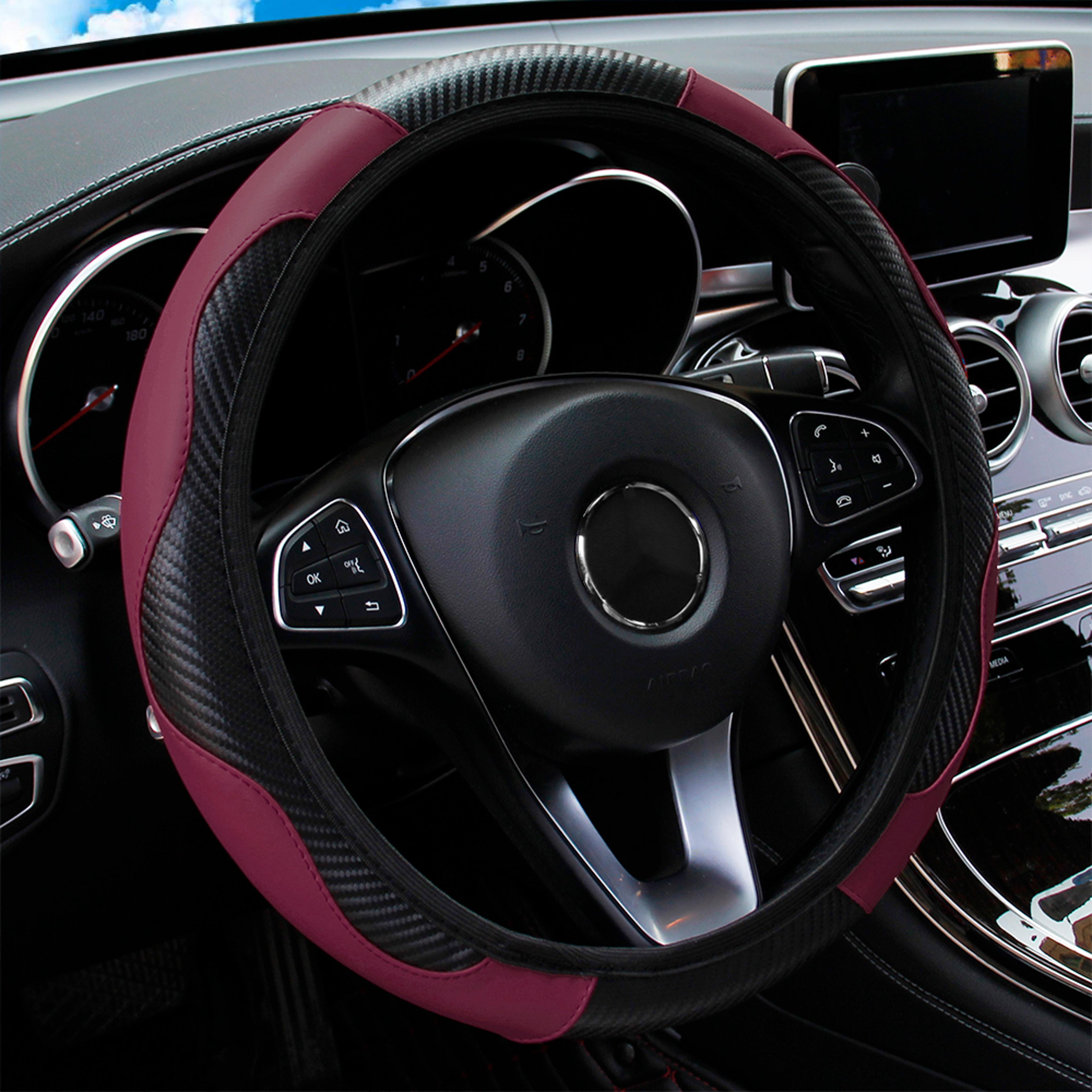 Carbon Fiber Steering Wheel Cover PU Leather Slim Grip Protector For 145 To 15 Inch Wheels 15