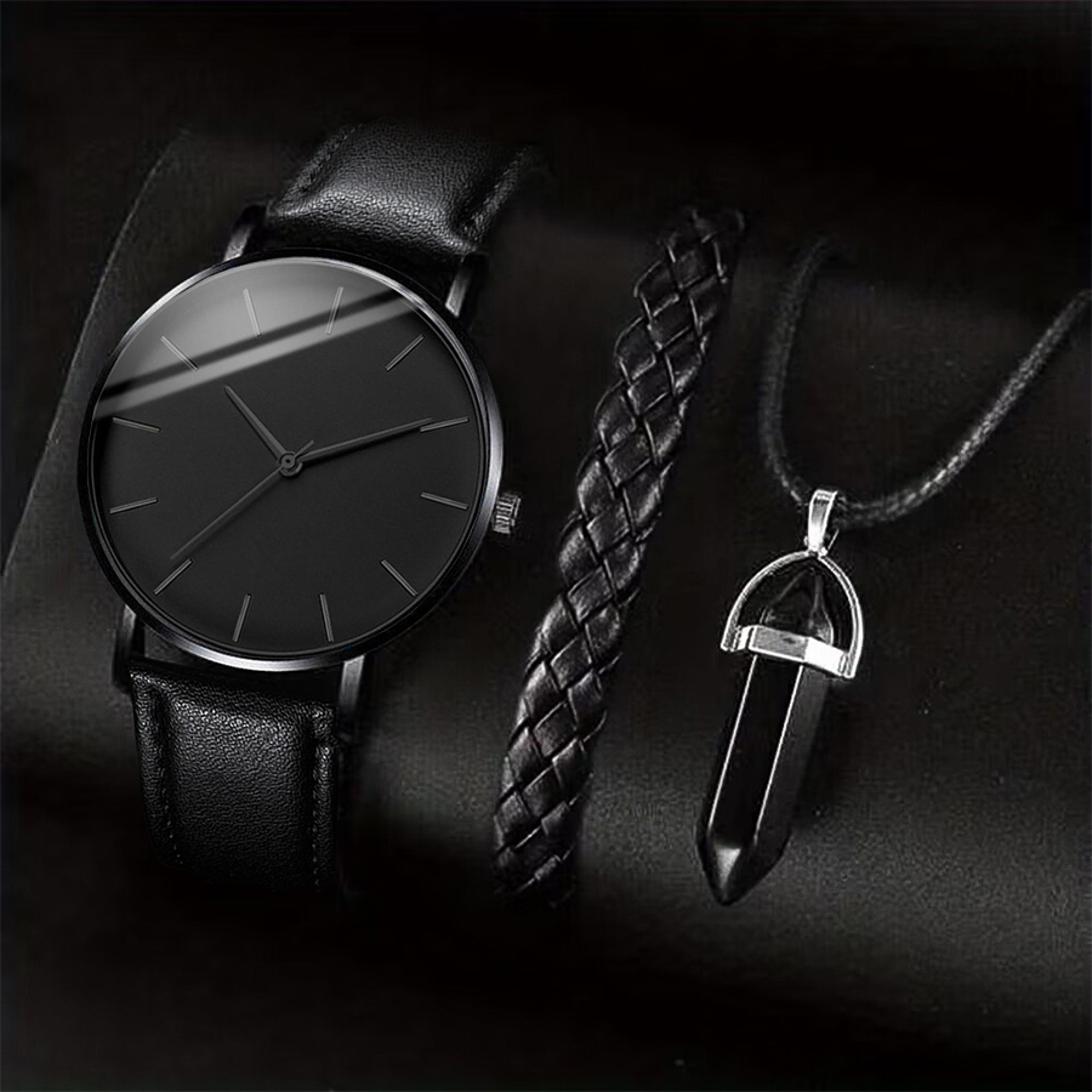 3 Piece Mens Quartz Watch Leather Band Bracelet Necklace Gift Set 3