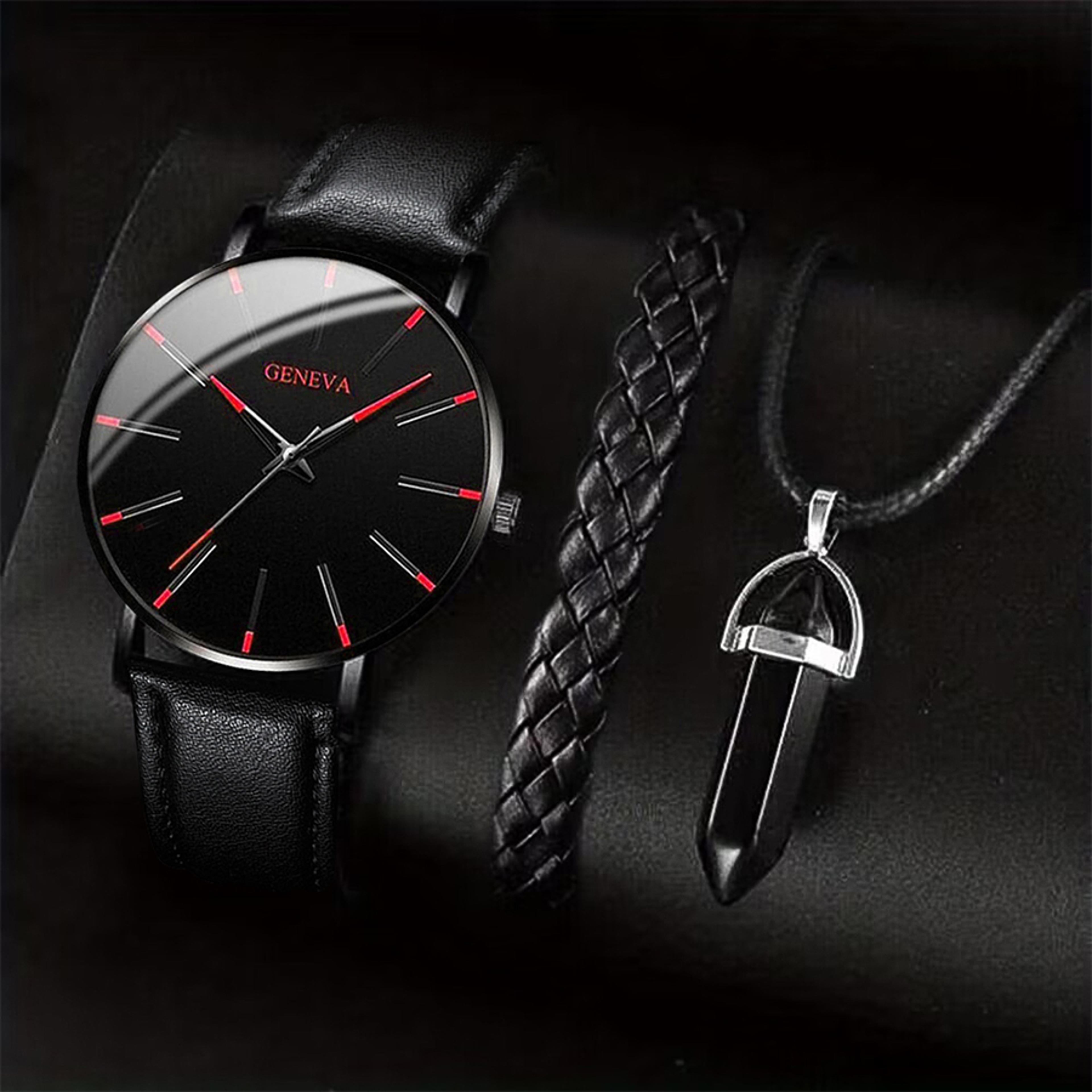 3 Piece Mens Quartz Watch Leather Band Bracelet Necklace Gift Set 7
