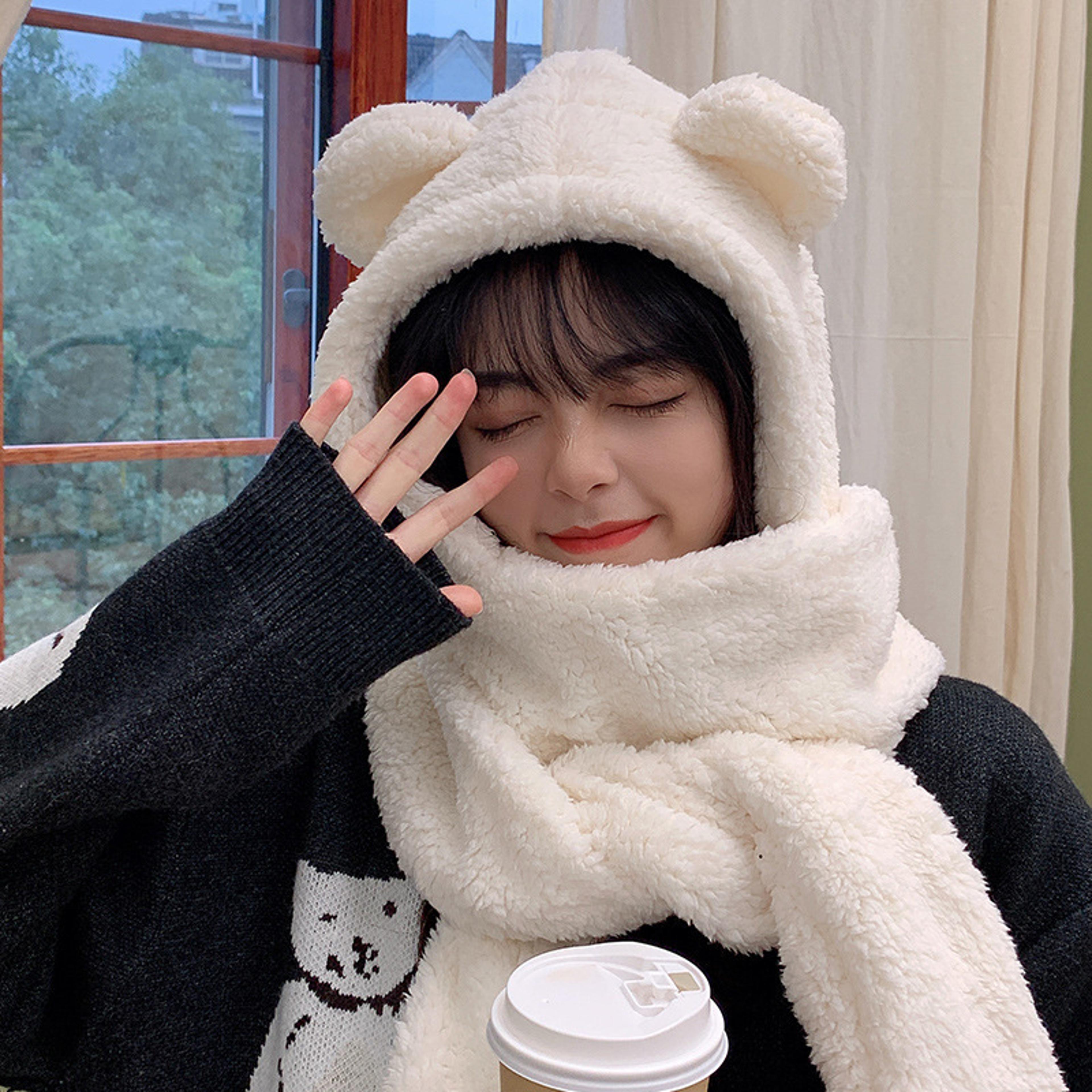Teddy Bear Winter Hat Scarf Gloves Set Plush Hooded Neck Warmer For Women 3
