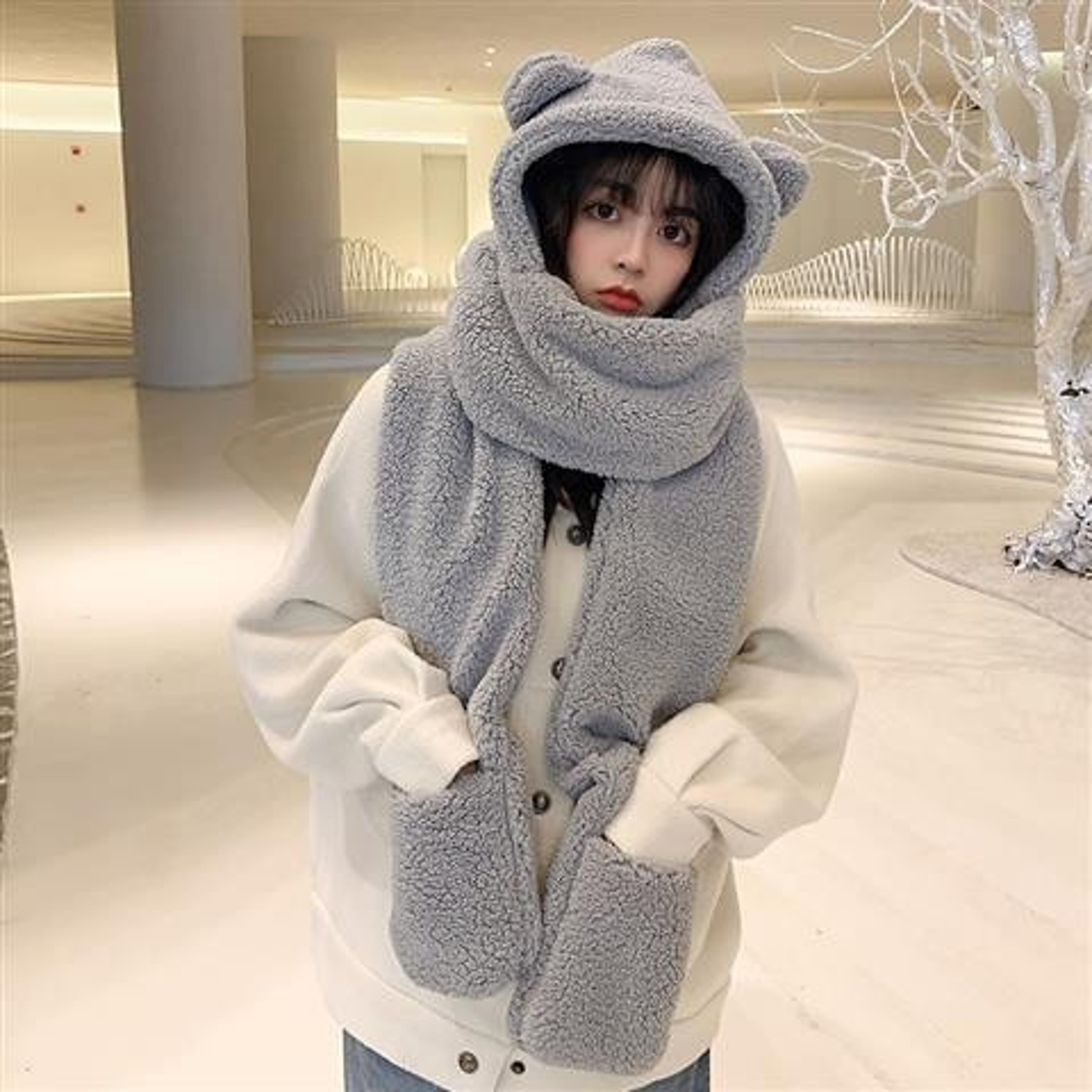 Teddy Bear Winter Hat Scarf Gloves Set Plush Hooded Neck Warmer For Women 7