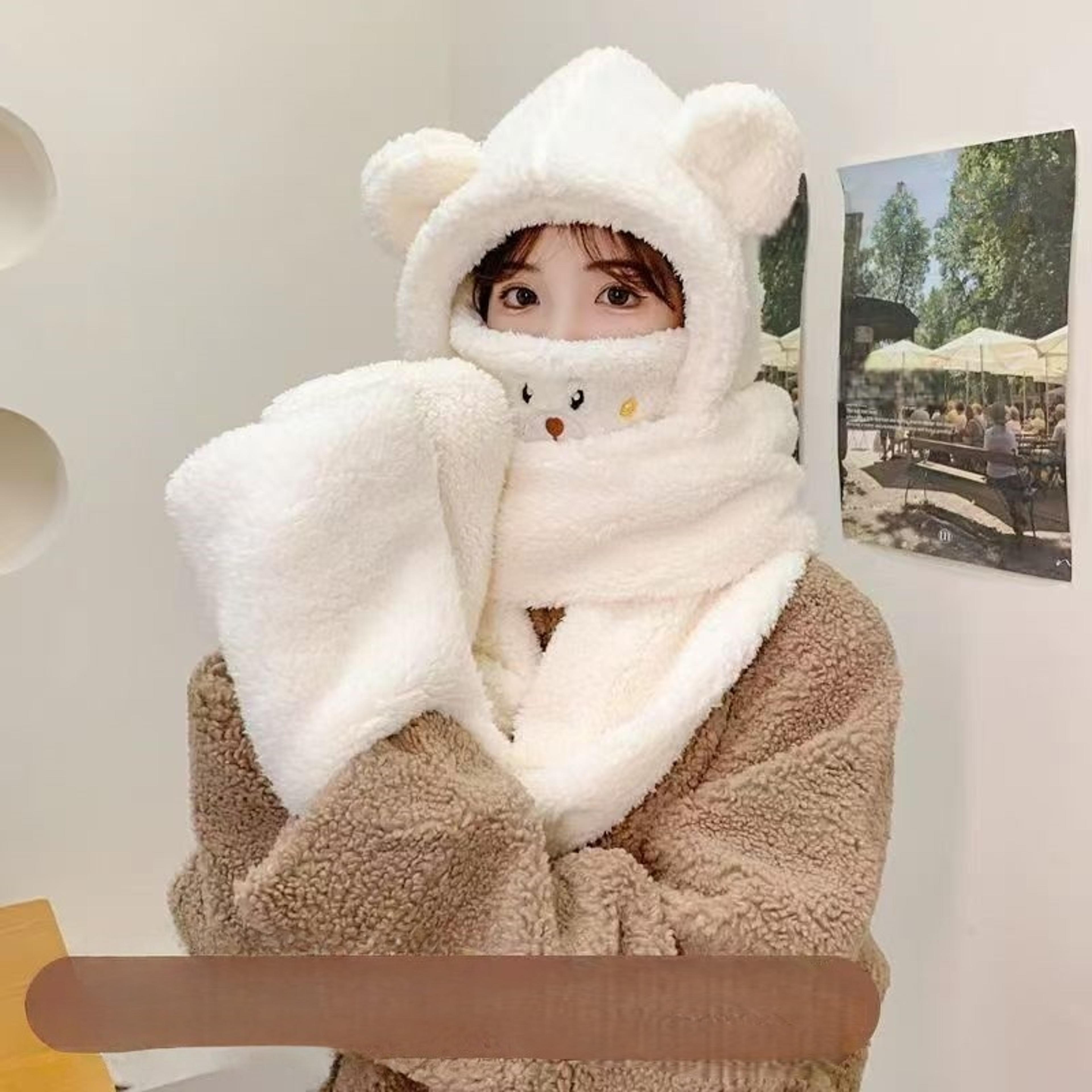 Teddy Bear Winter Hat Scarf Gloves Set Plush Hooded Neck Warmer For Women 9