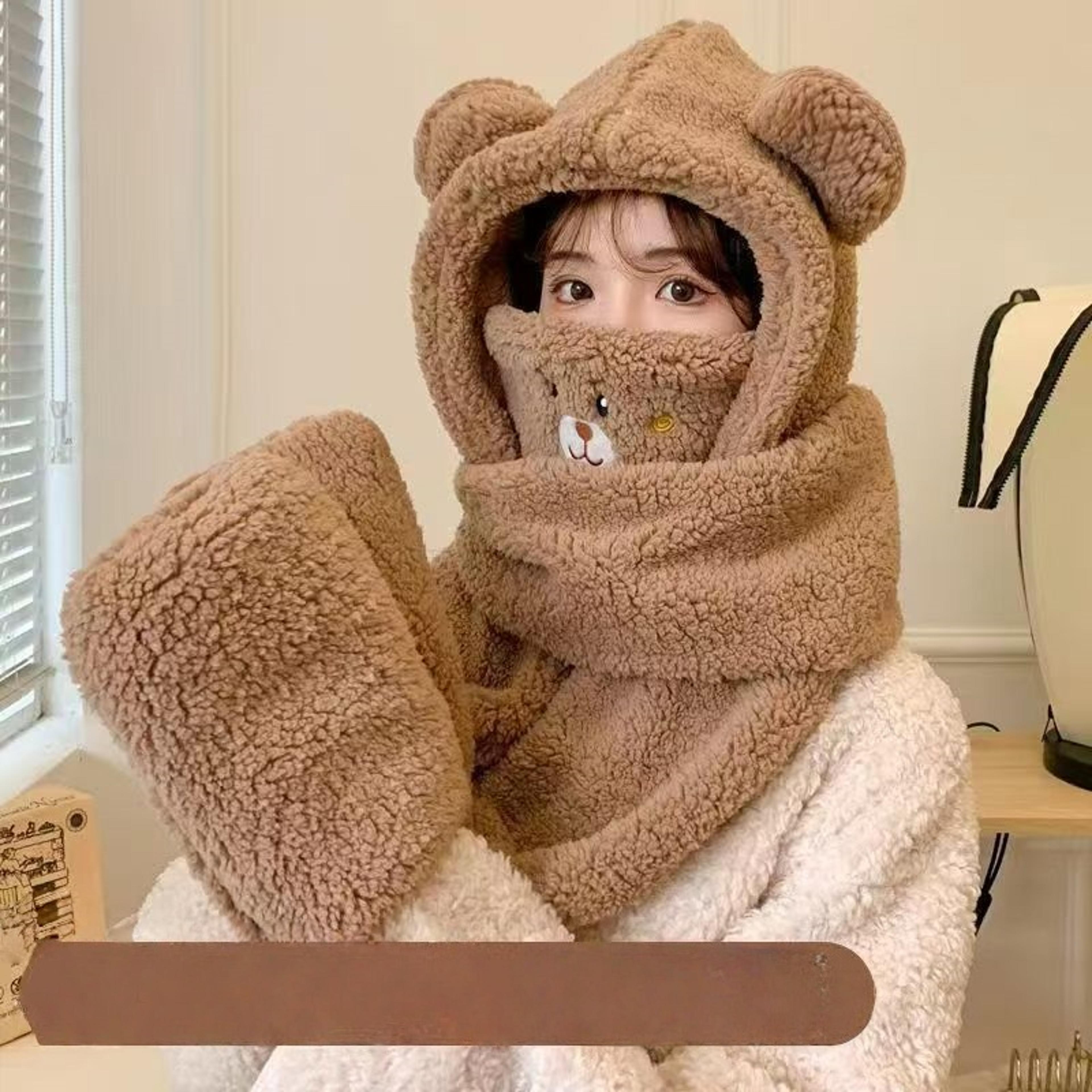 Teddy Bear Winter Hat Scarf Gloves Set Plush Hooded Neck Warmer For Women 11