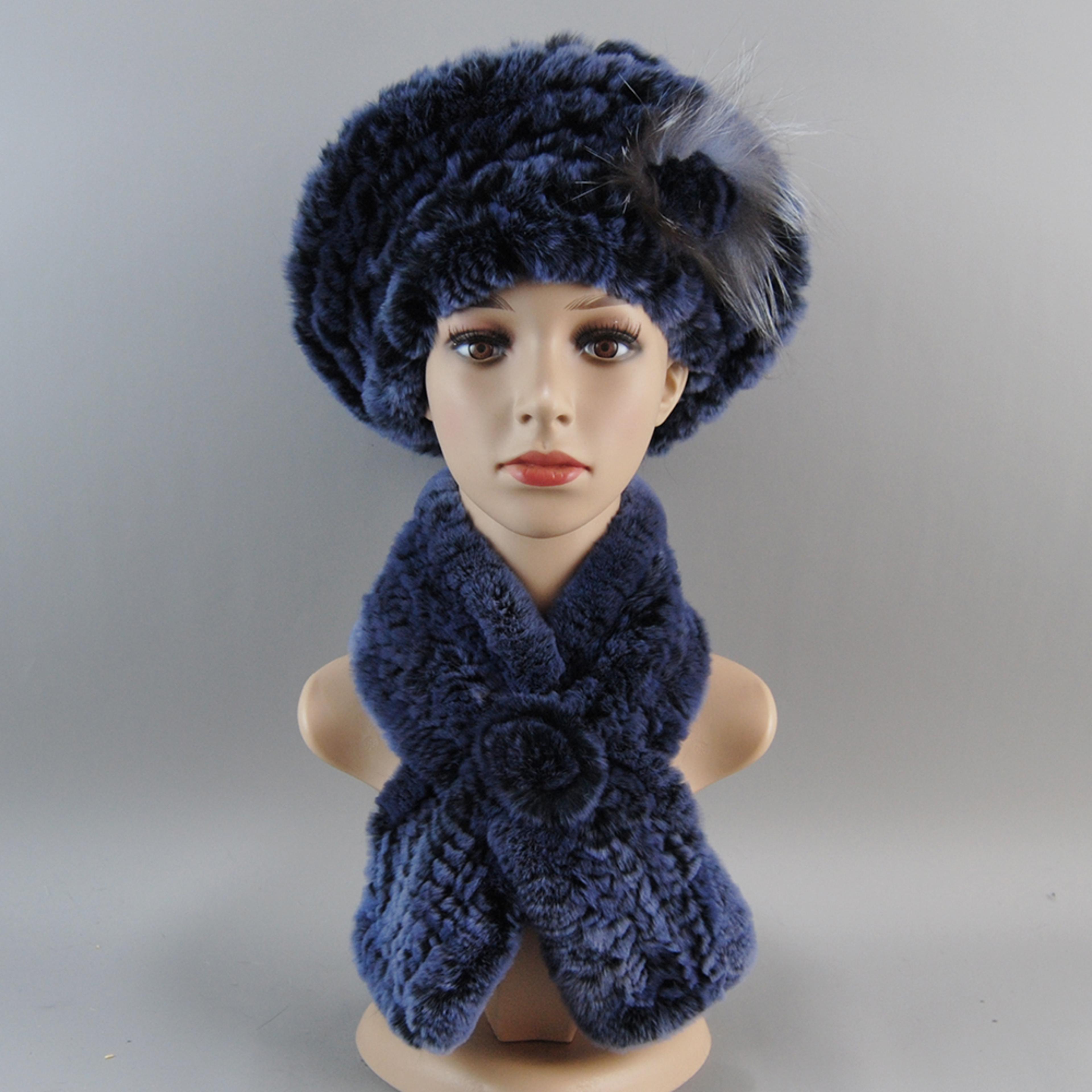 Luxury Rex Rabbit Fur Hat Scarf Set For Women Warm Winter Knit Accessories 11