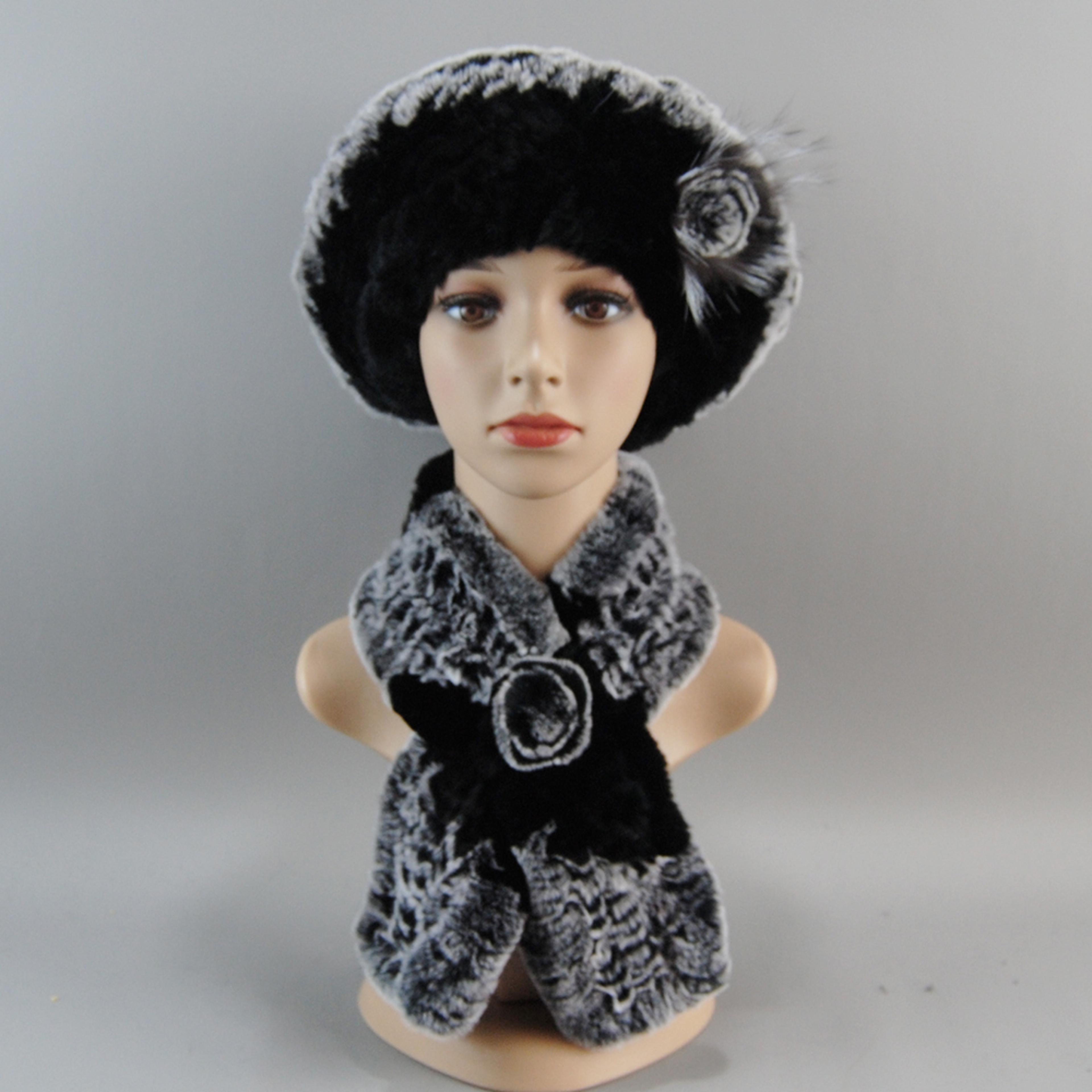 Luxury Rex Rabbit Fur Hat Scarf Set For Women Warm Winter Knit Accessories 17