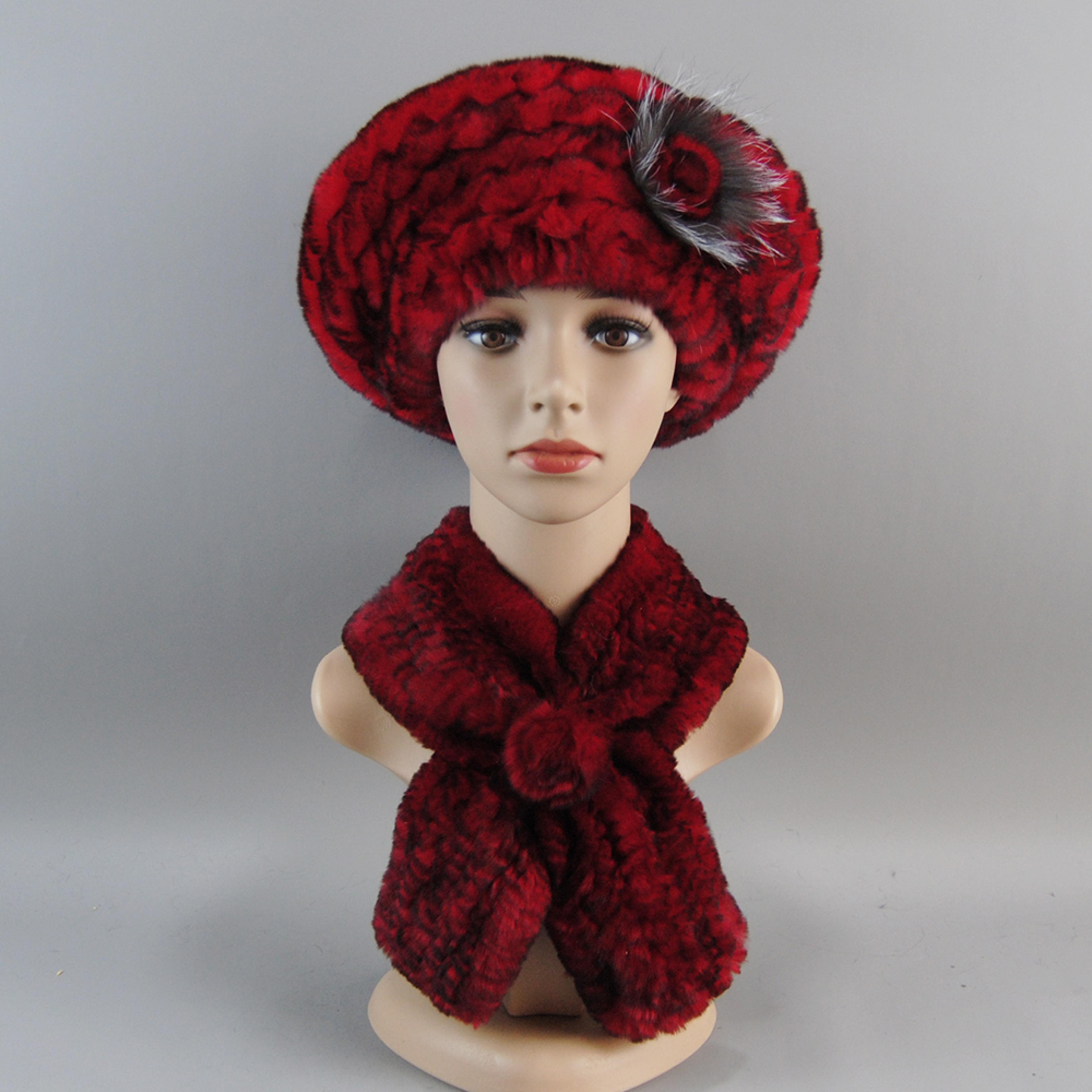 Luxury Rex Rabbit Fur Hat Scarf Set For Women Warm Winter Knit Accessories 18