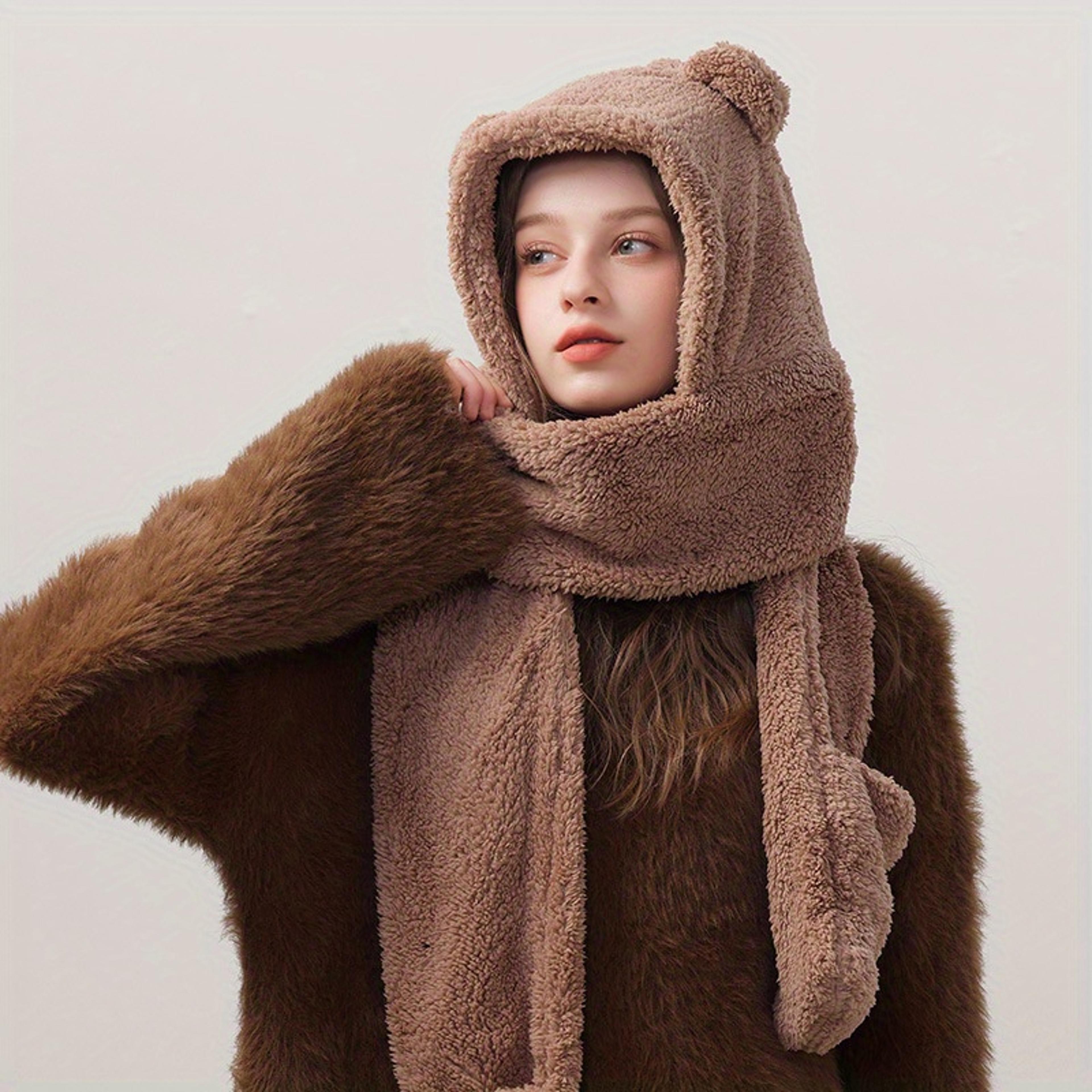 Cute Bear Ear Winter Hat Scarf Gloves Set Warm 3 In 1 Kawaii Hooded Scarf 2