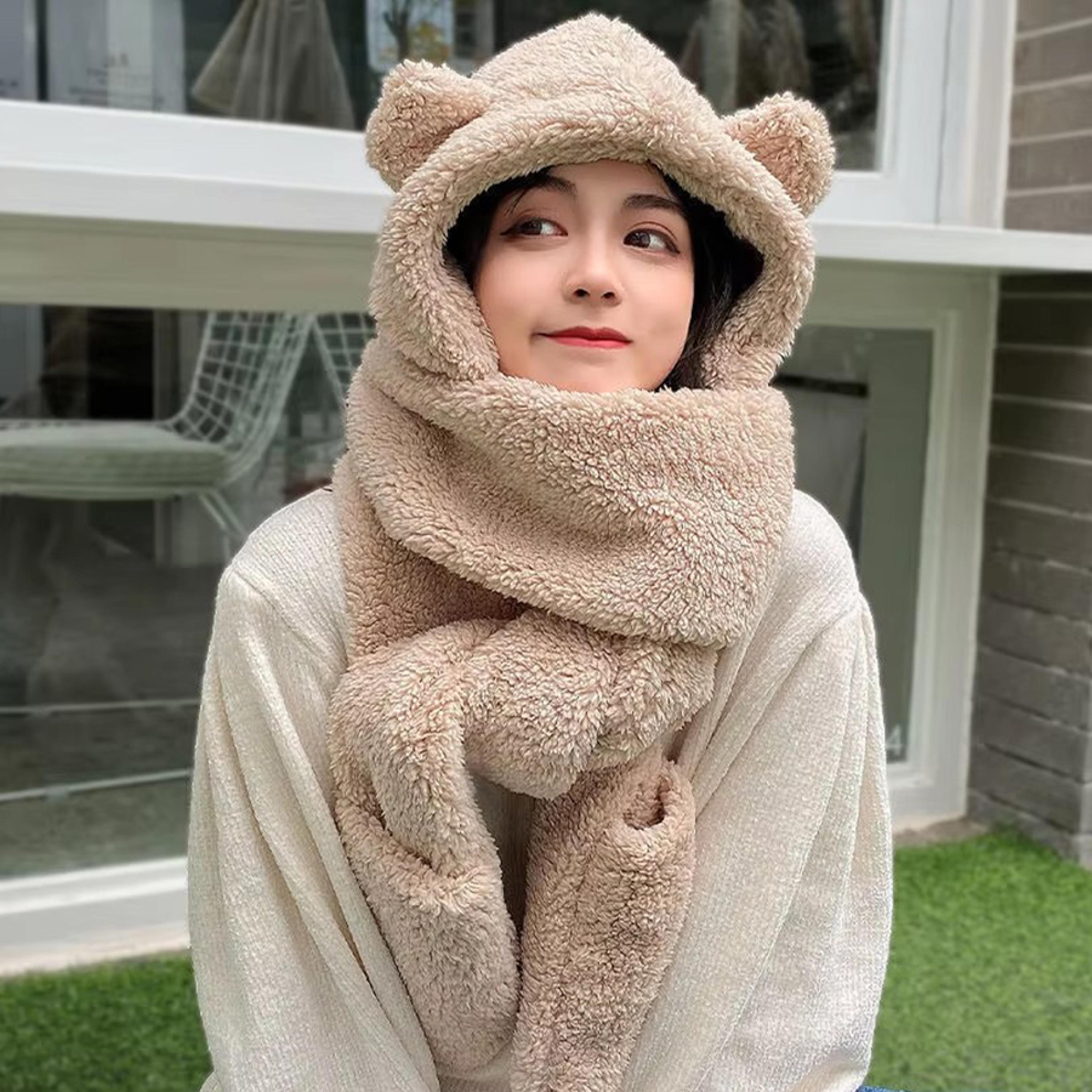 Cute Bear Ear Winter Hat Scarf Gloves Set Warm 3 In 1 Kawaii Hooded Scarf 3