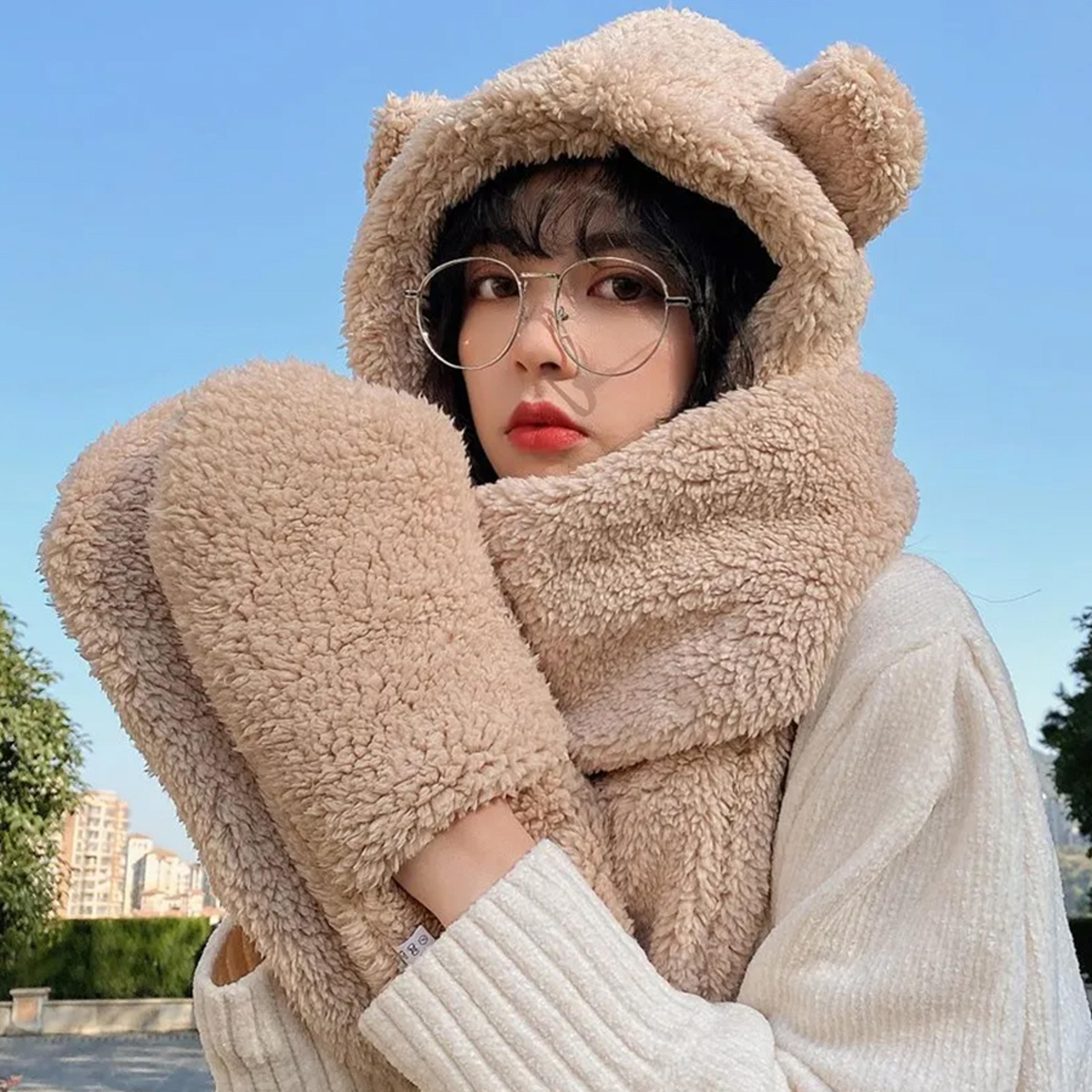 Cute Bear Ear Winter Hat Scarf Gloves Set Warm 3 In 1 Kawaii Hooded Scarf 6
