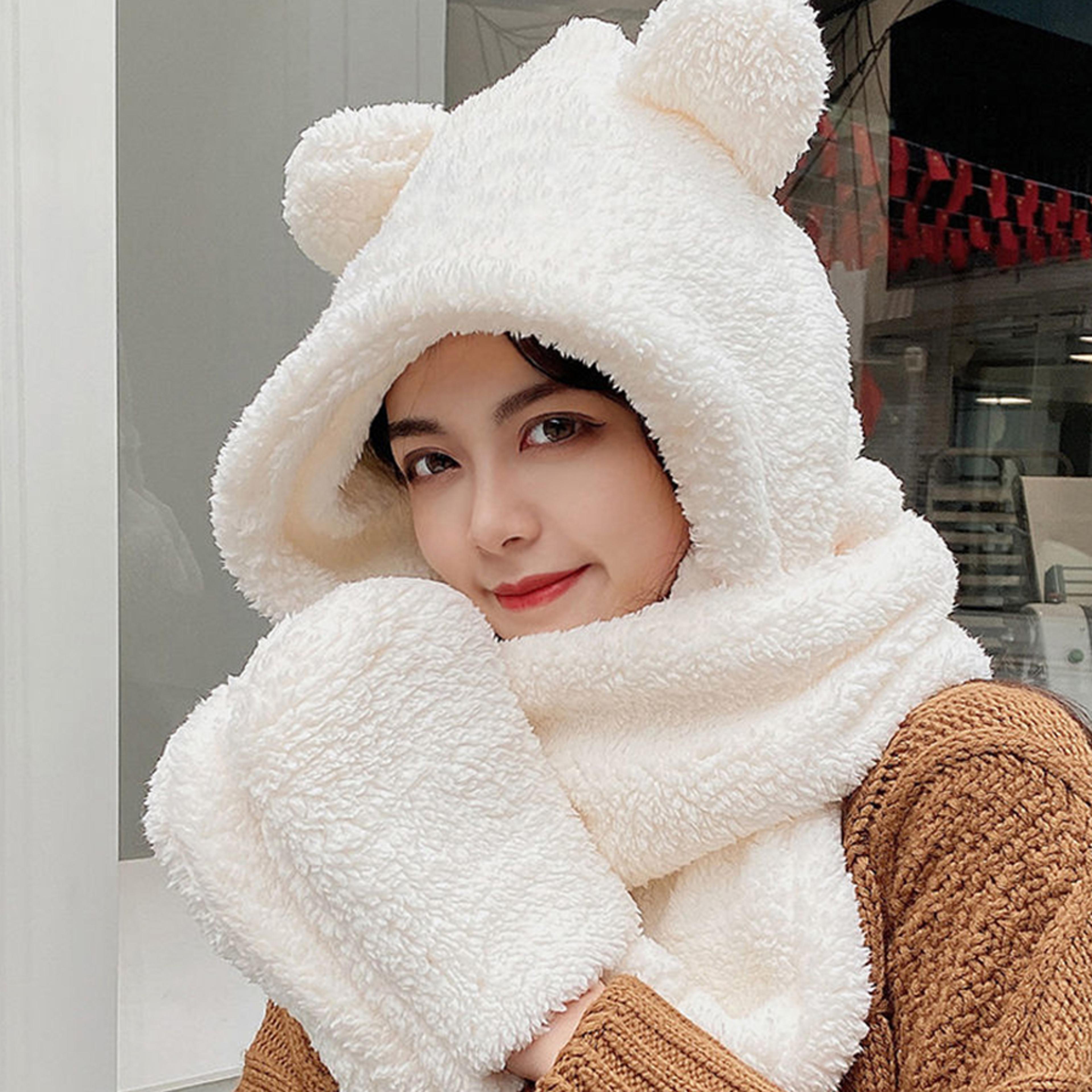Cute Bear Ear Winter Hat Scarf Gloves Set Warm 3 In 1 Kawaii Hooded Scarf 8
