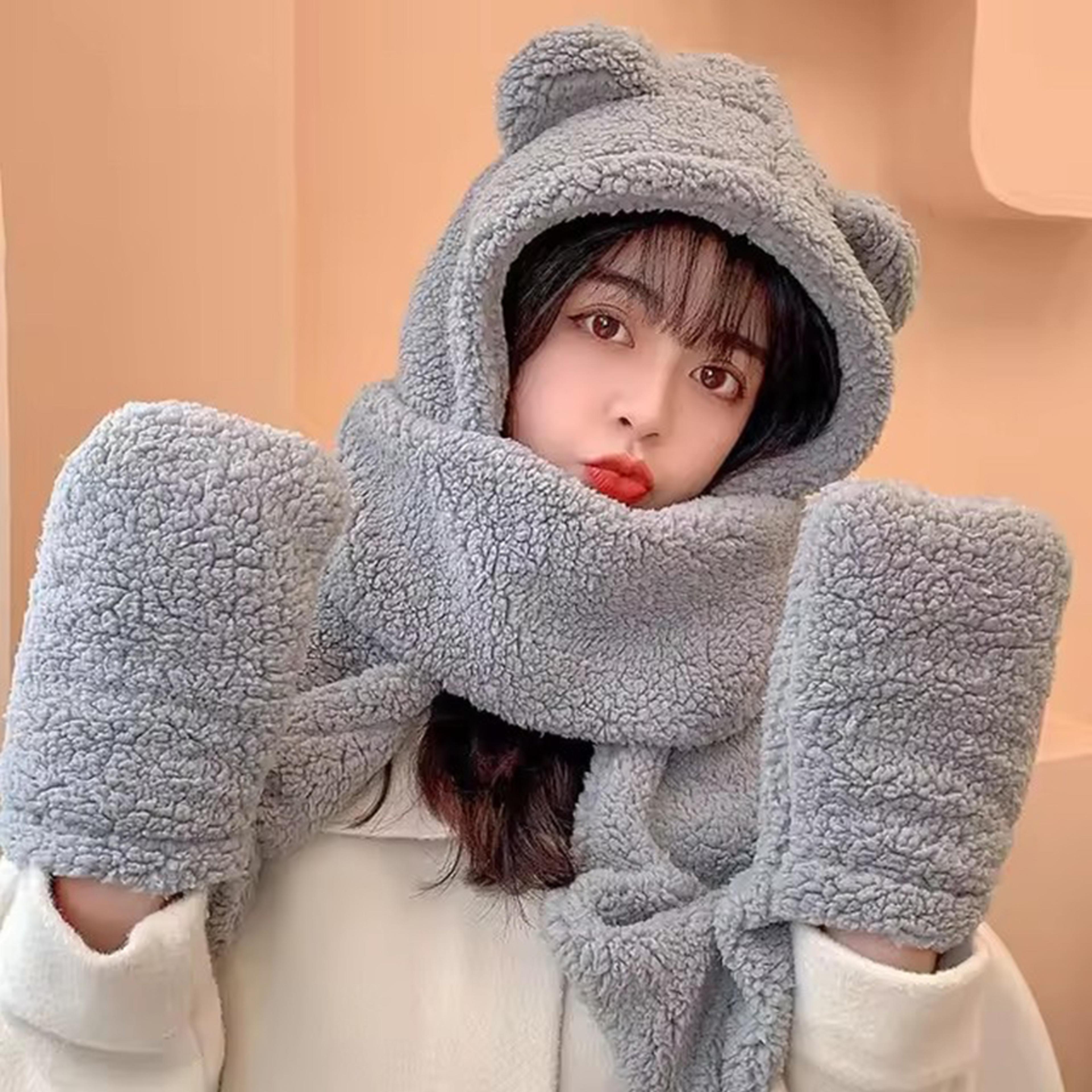 Cute Bear Ear Winter Hat Scarf Gloves Set Warm 3 In 1 Kawaii Hooded Scarf 7