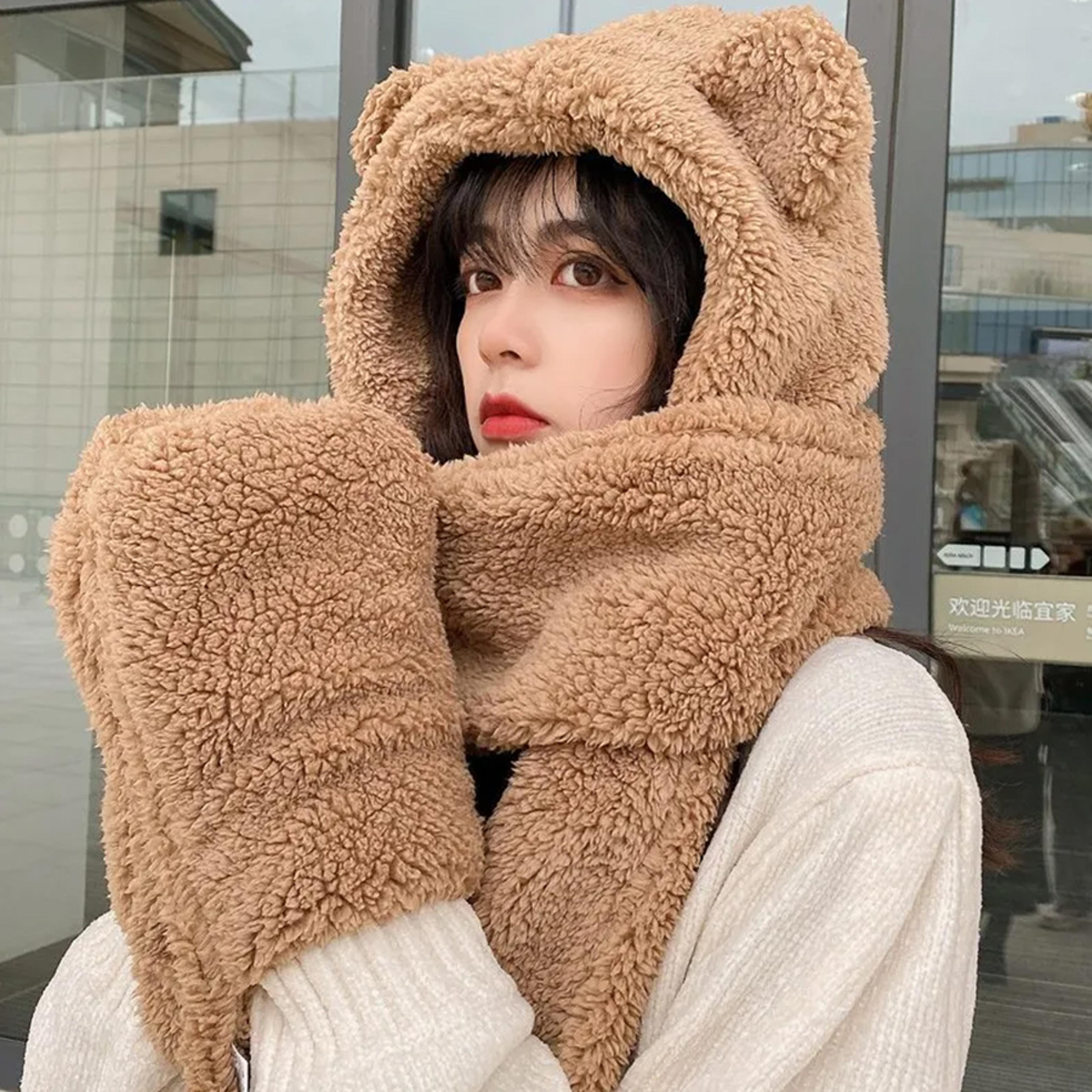Cute Bear Ear Winter Hat Scarf Gloves Set Warm 3 In 1 Kawaii Hooded Scarf 9