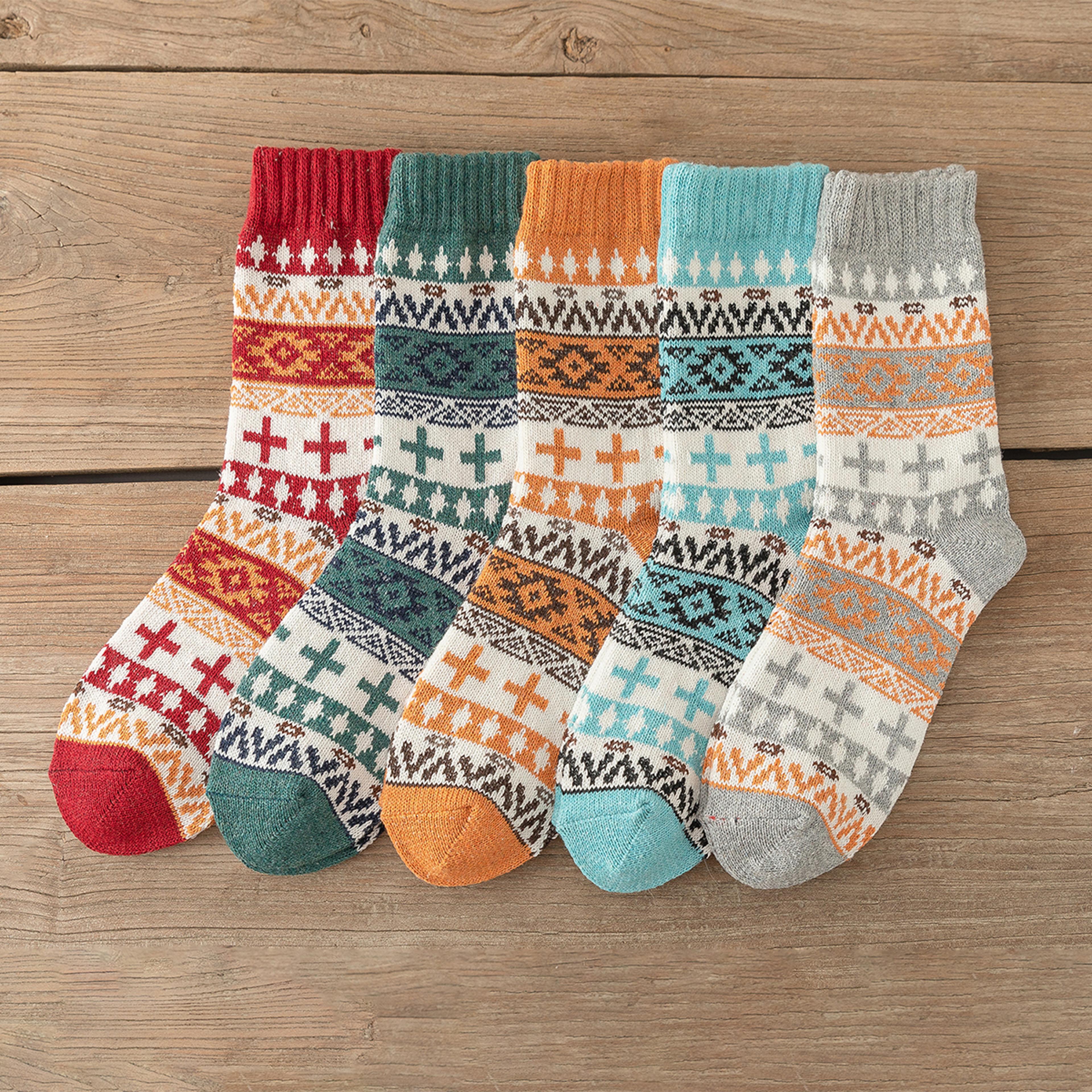 5 Pair Retro Floral Winter Socks Thick Warm Unisex Socks 12