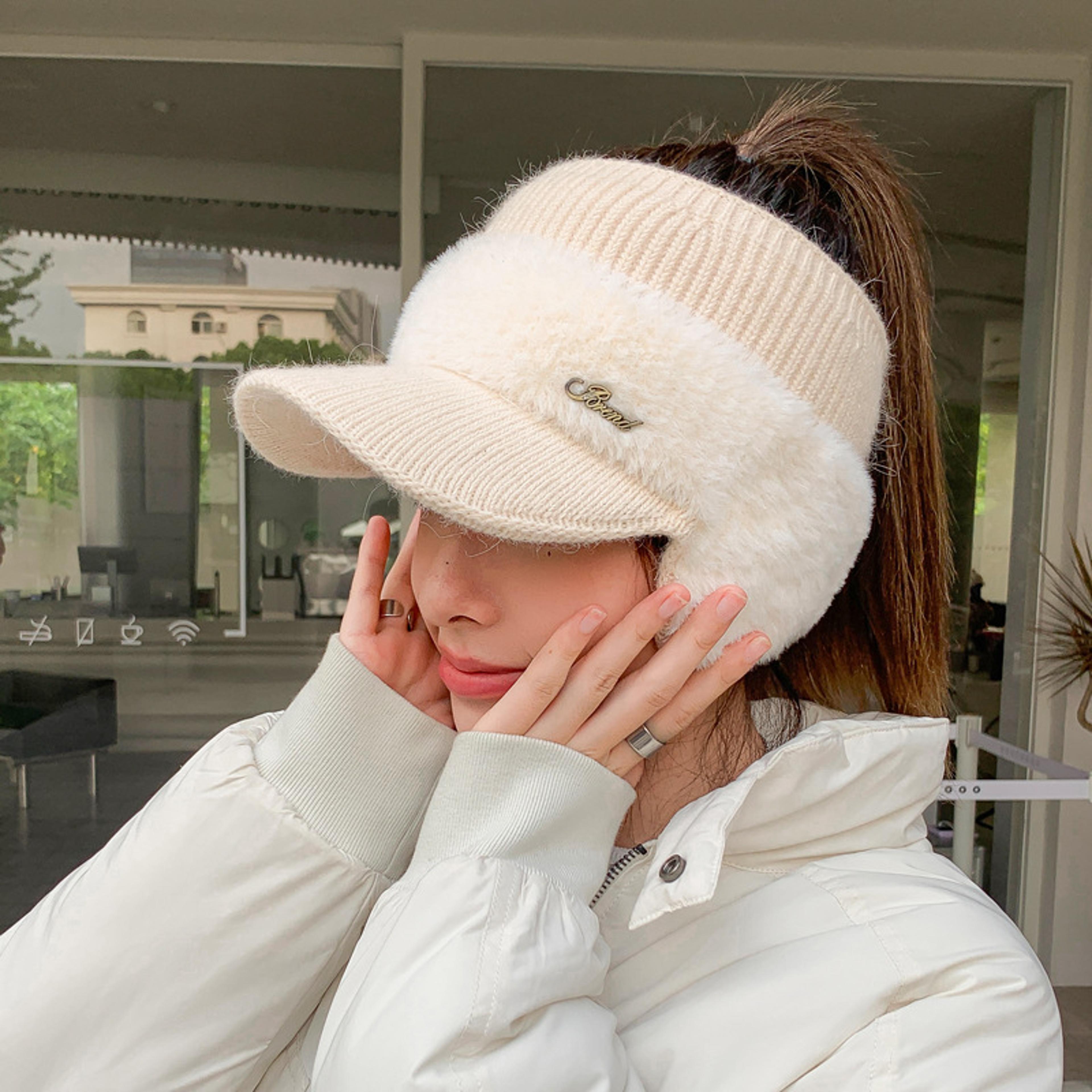 Womens Winter Hat Warm Ponytail Beanie Ear Flap Knit Visor Cap 1