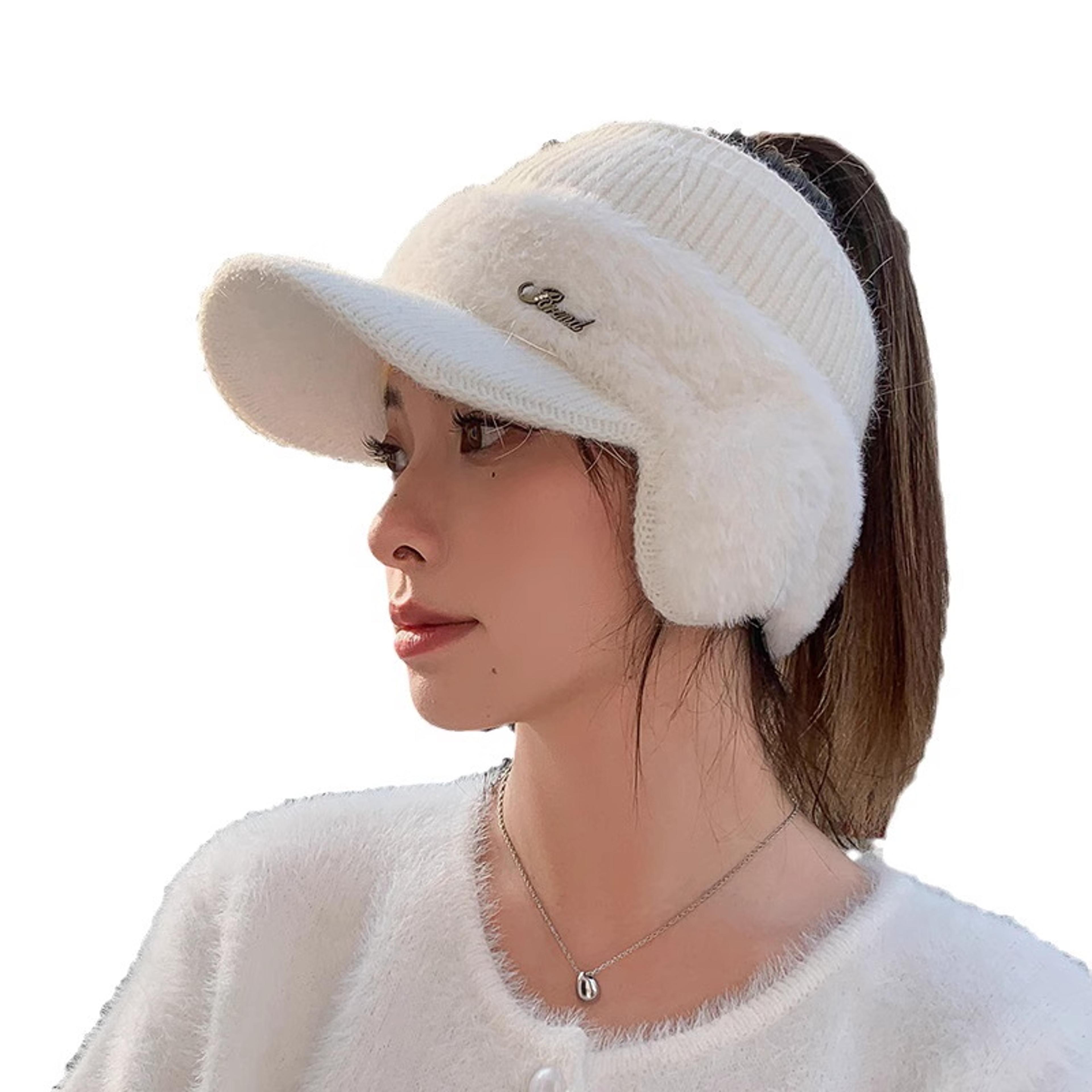womens winter hat warm ponytail beanie ear flap knit visor cap