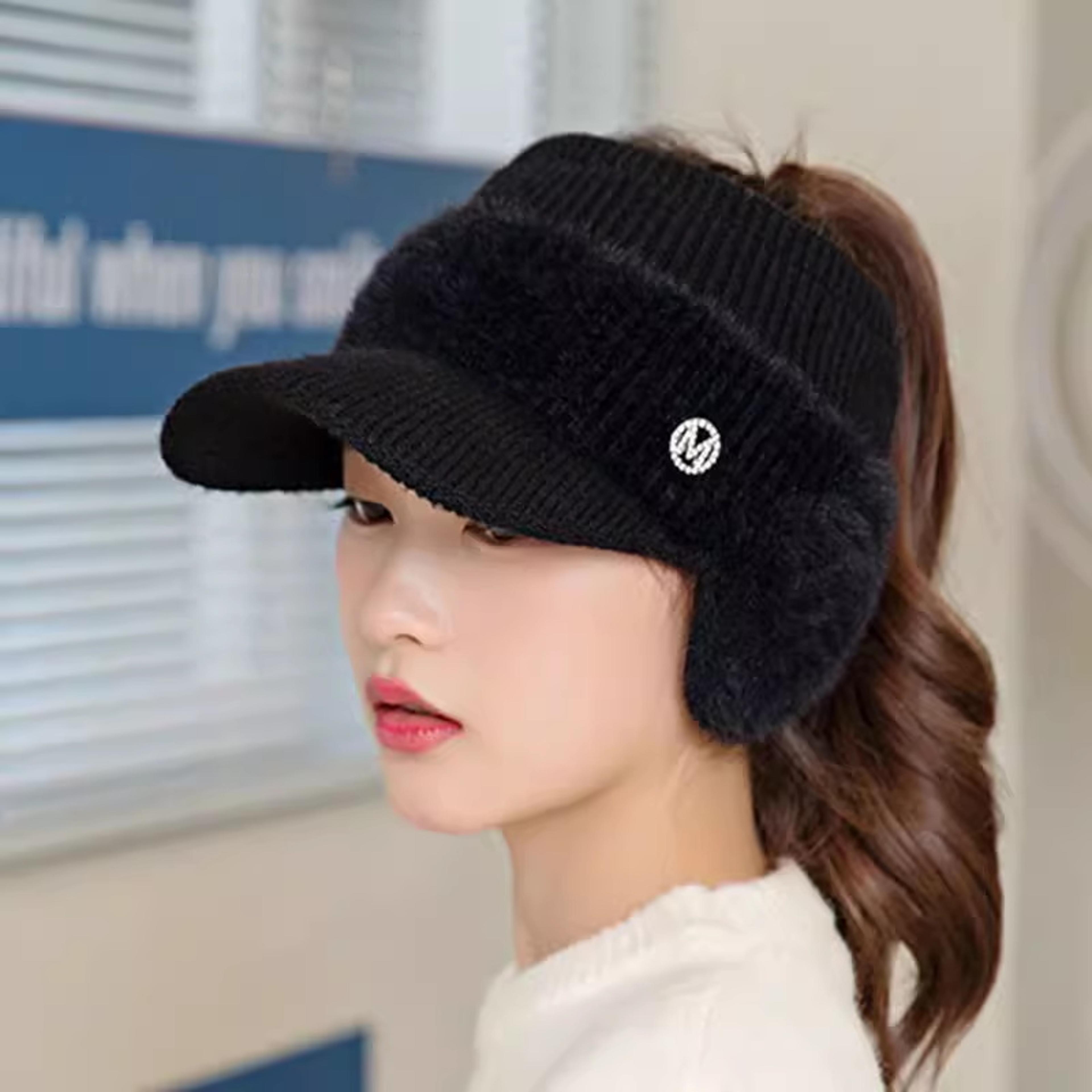 Womens Winter Hat Warm Ponytail Beanie Ear Flap Knit Visor Cap 14