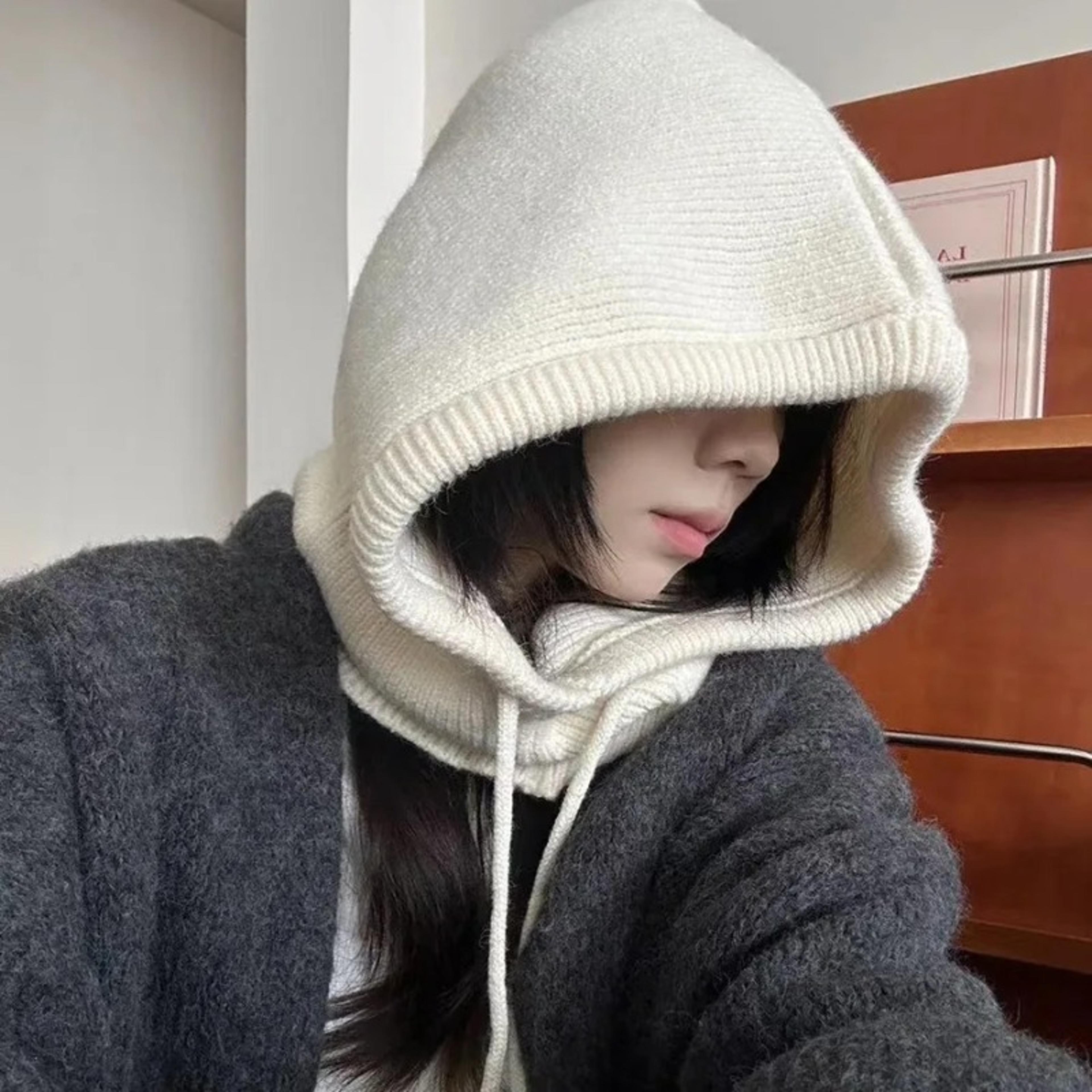 Women Knitted Balaclava Hood Winter Neck Warmer Drawstring Beanie 4