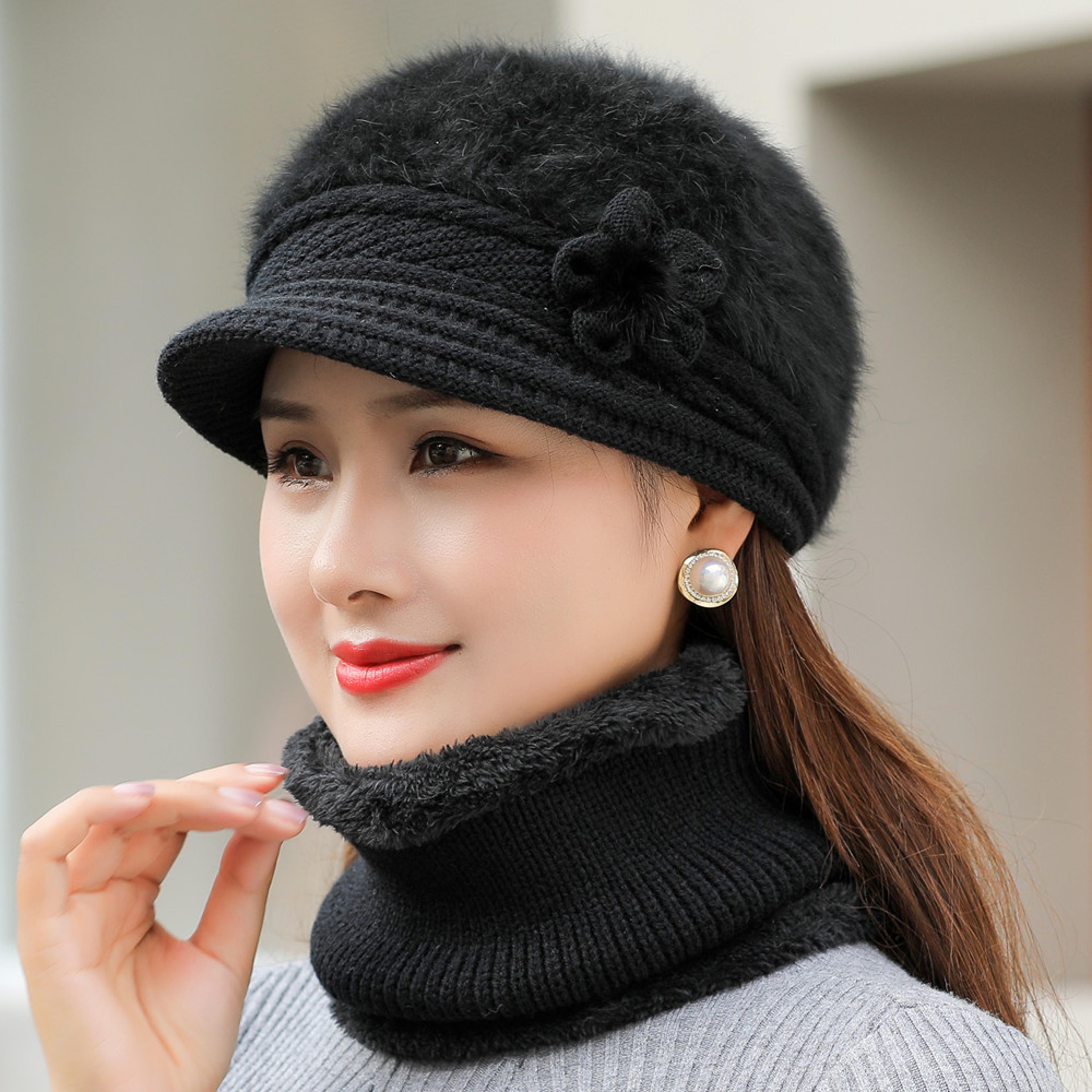 Women Winter Hat And Scarf Set Fur Lined Knitted Flower Cap 2