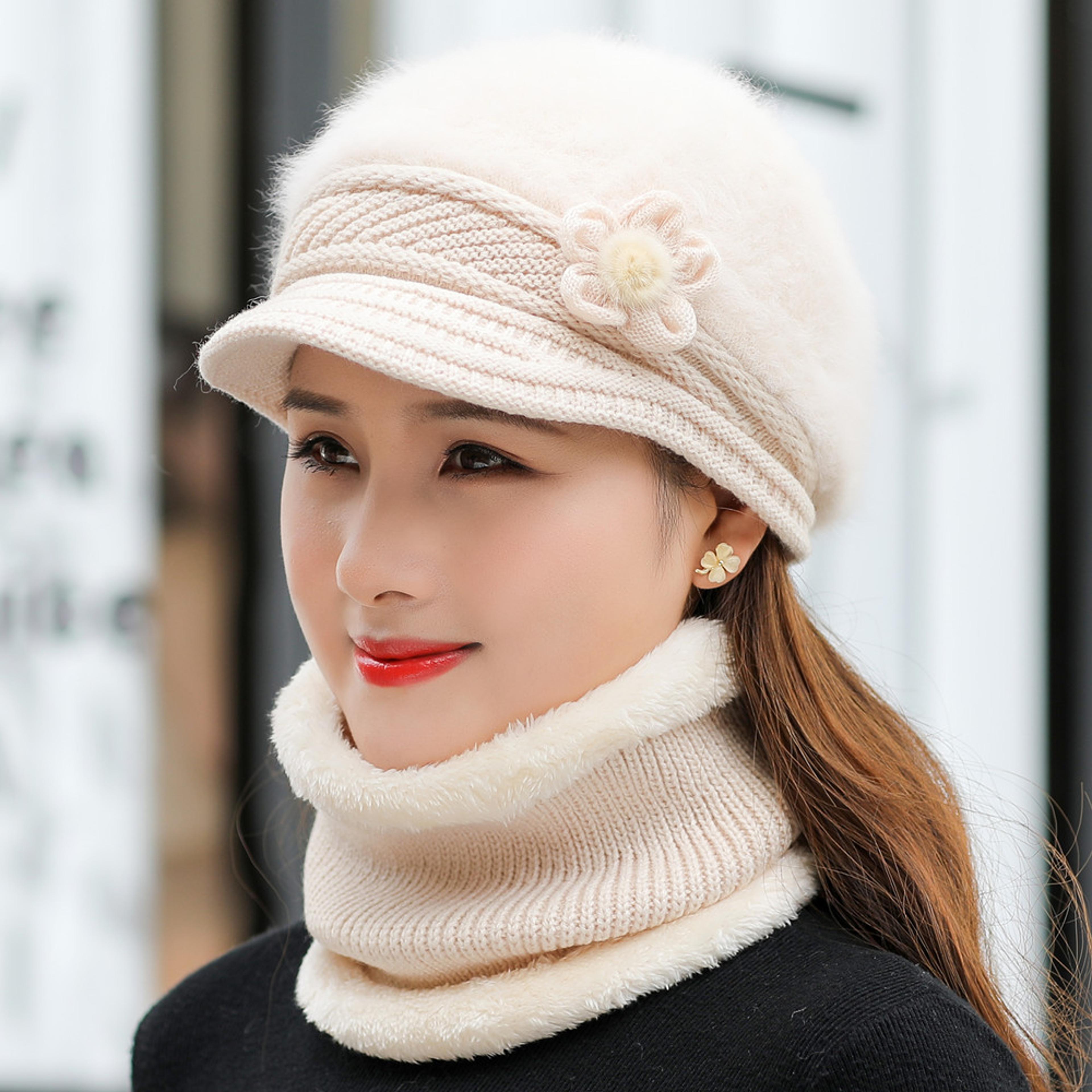 Women Winter Hat And Scarf Set Fur Lined Knitted Flower Cap 10