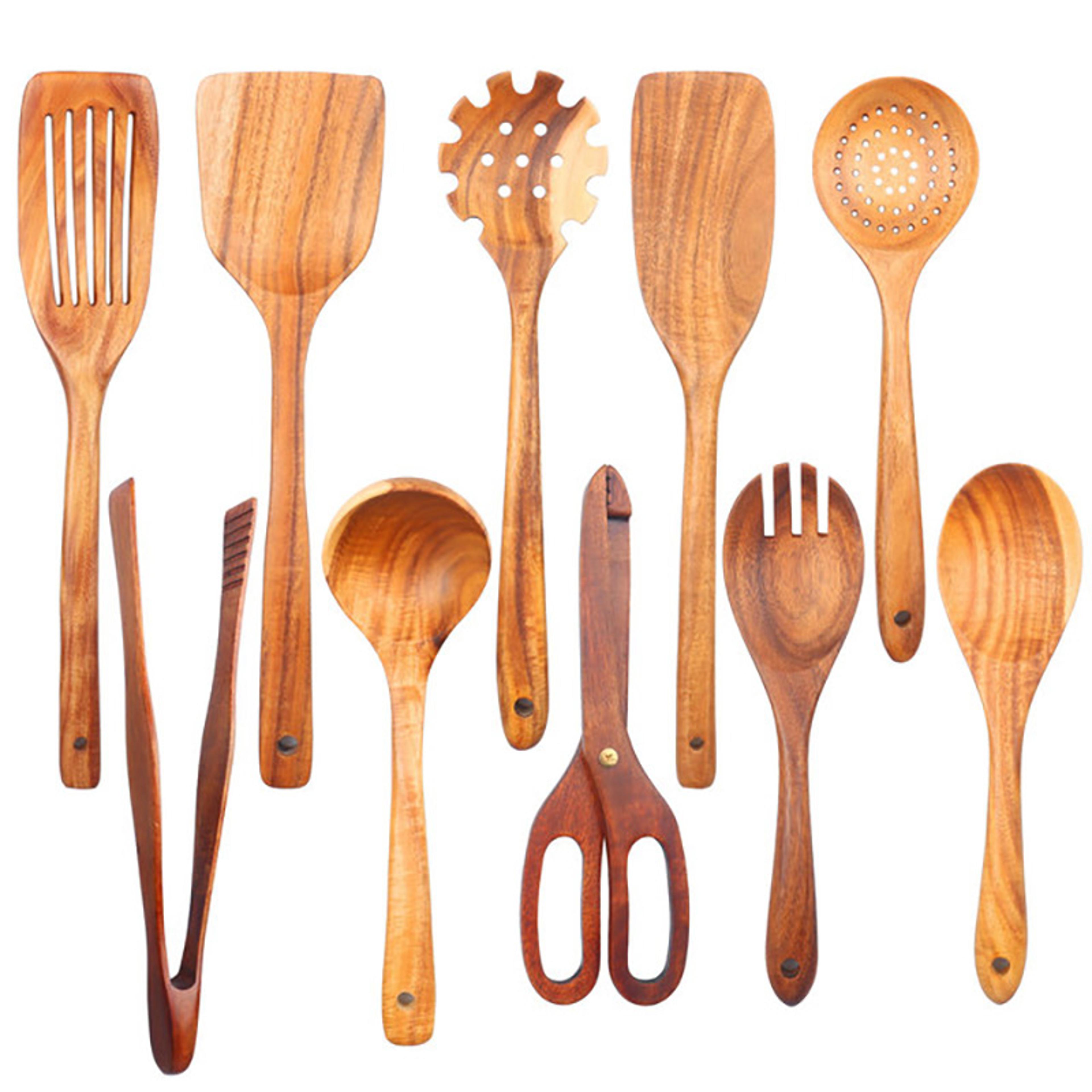 7 piece wooden cooking utensils set natural teak wood spoons for nonstick cookware