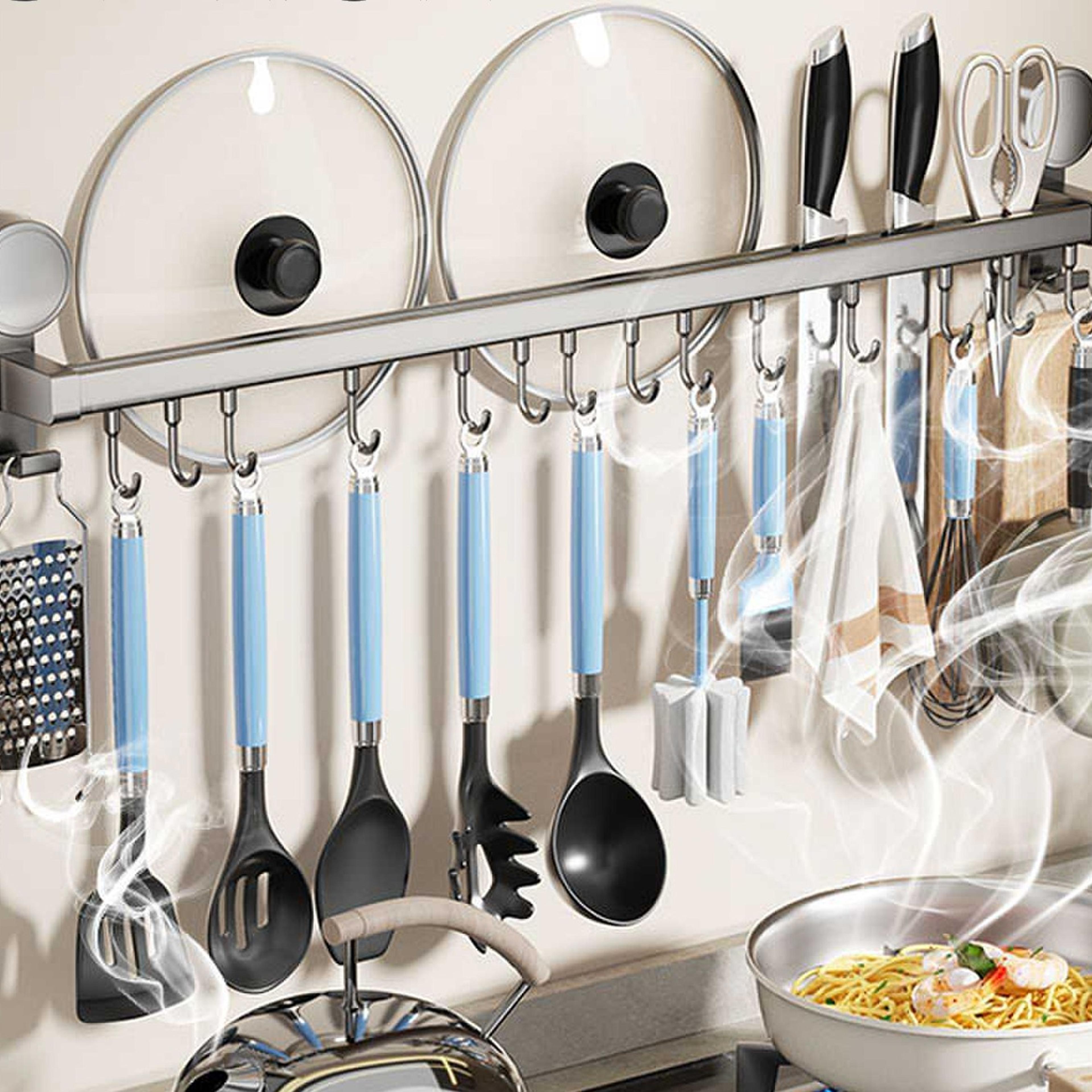 wall mounted kitchen hook rack no drill utensil organizer with chopping board holder