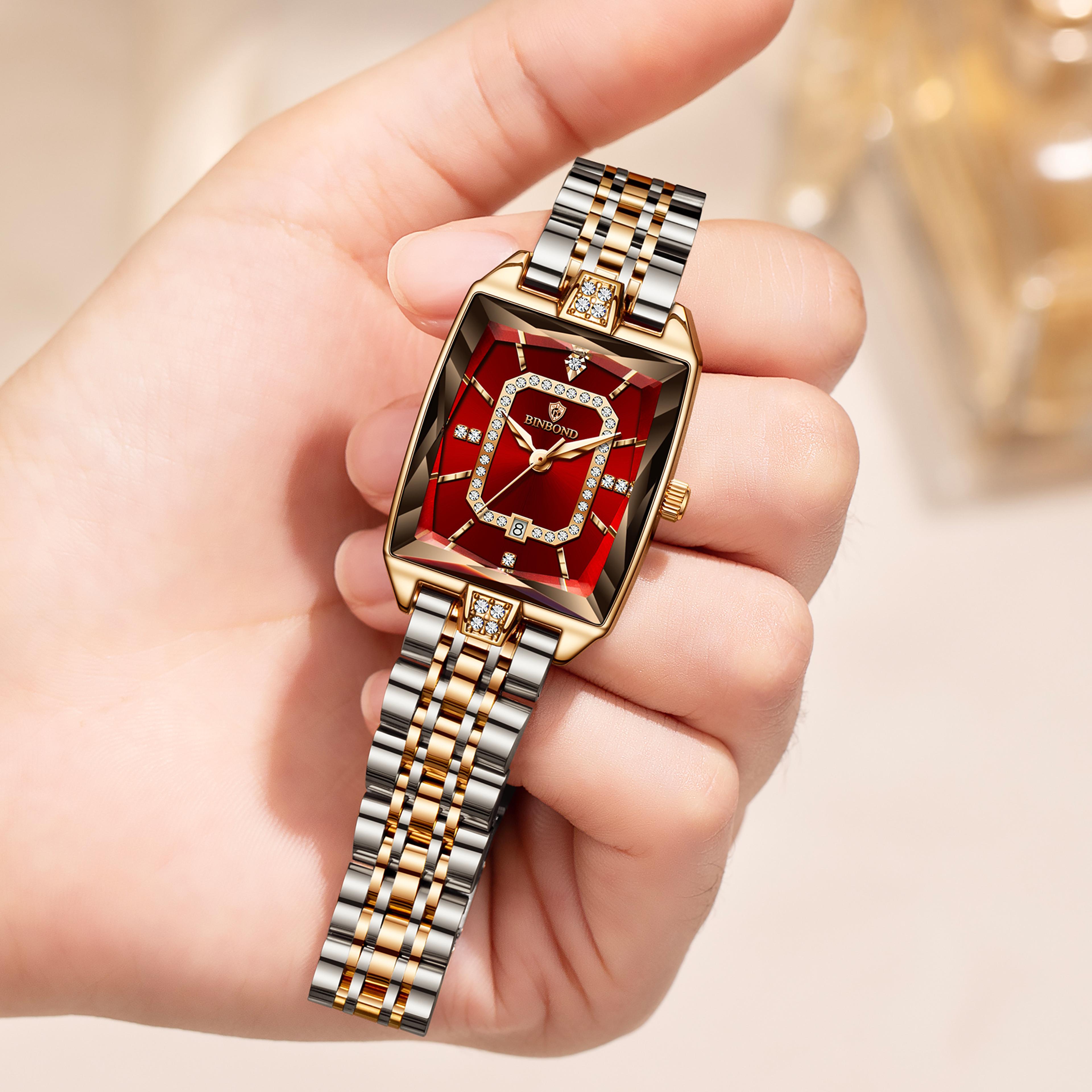 luxury square quartz watch for women with auto date and stainless steel band