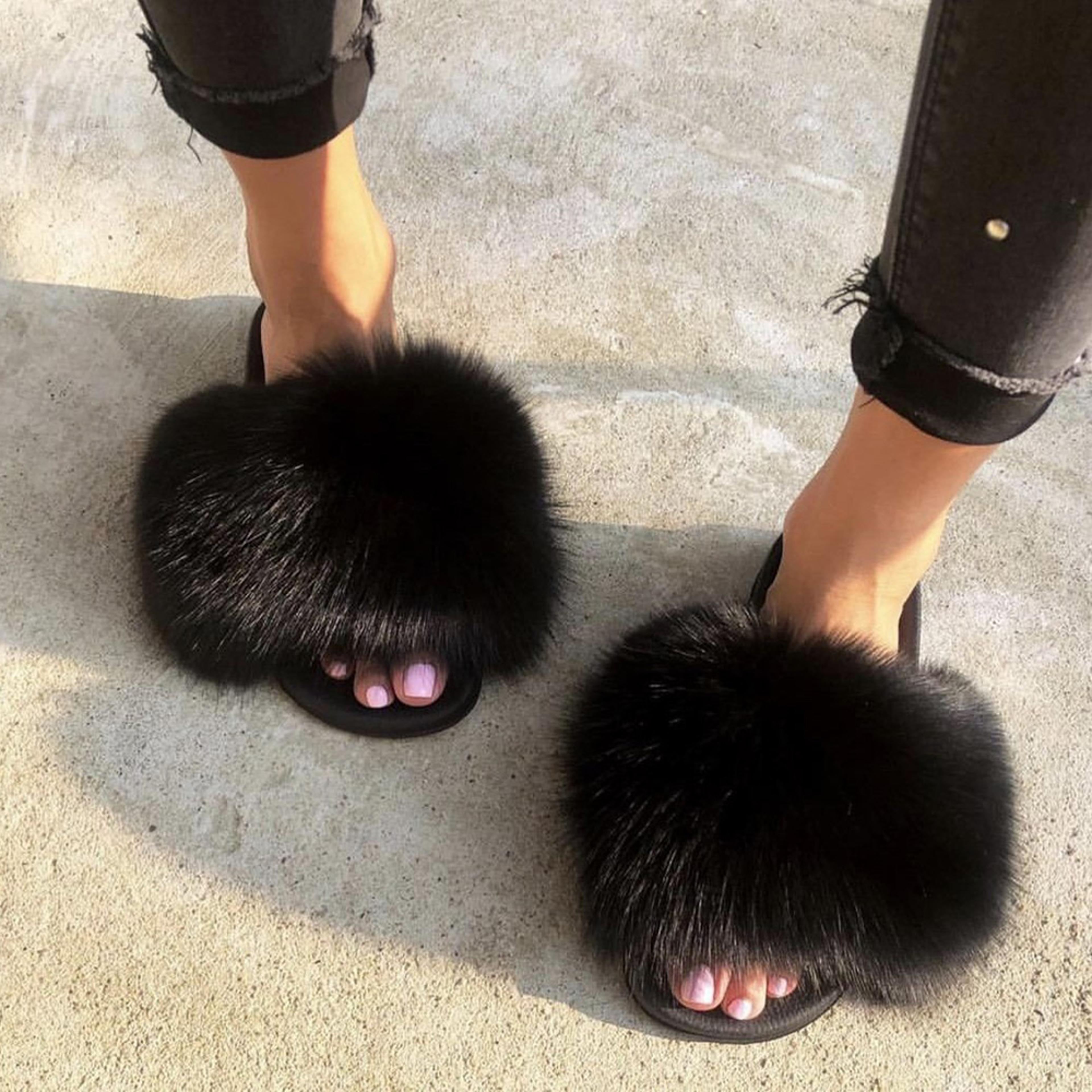 women's fur accent slides with pvc upper and eva sole