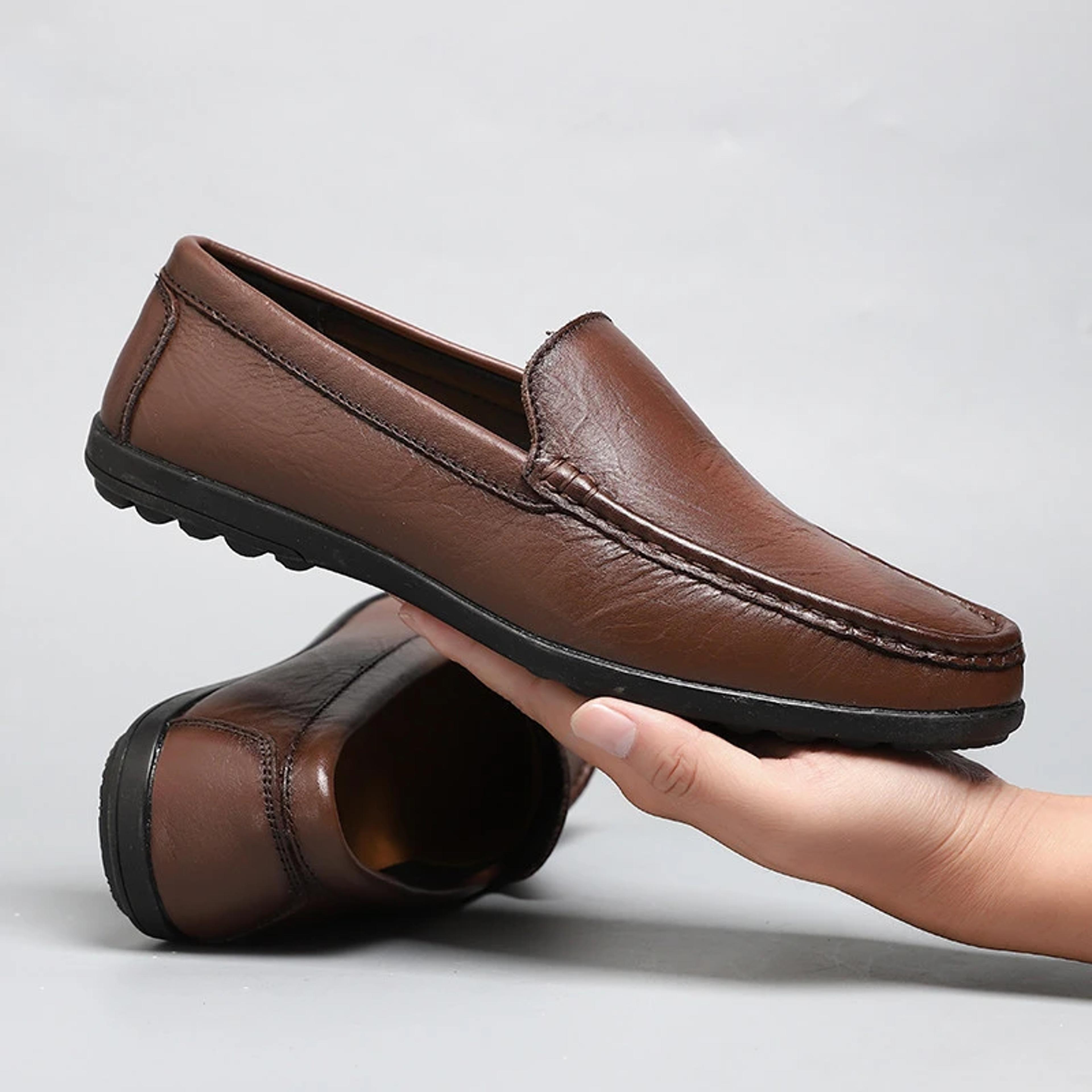men's genuine leather loafers breathable slip on driving shoes