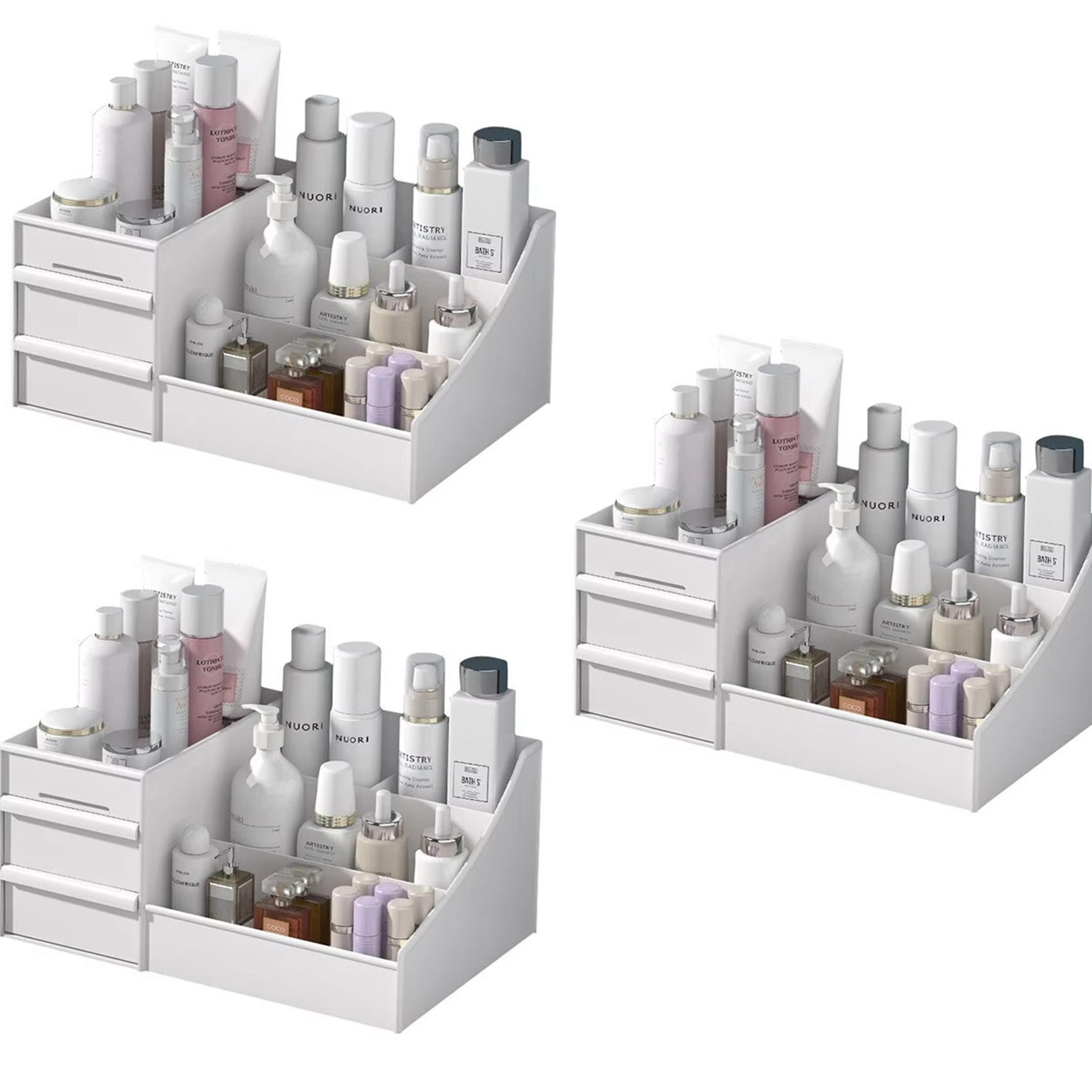 white plastic makeup storage box with 9 compartments for desktop organization